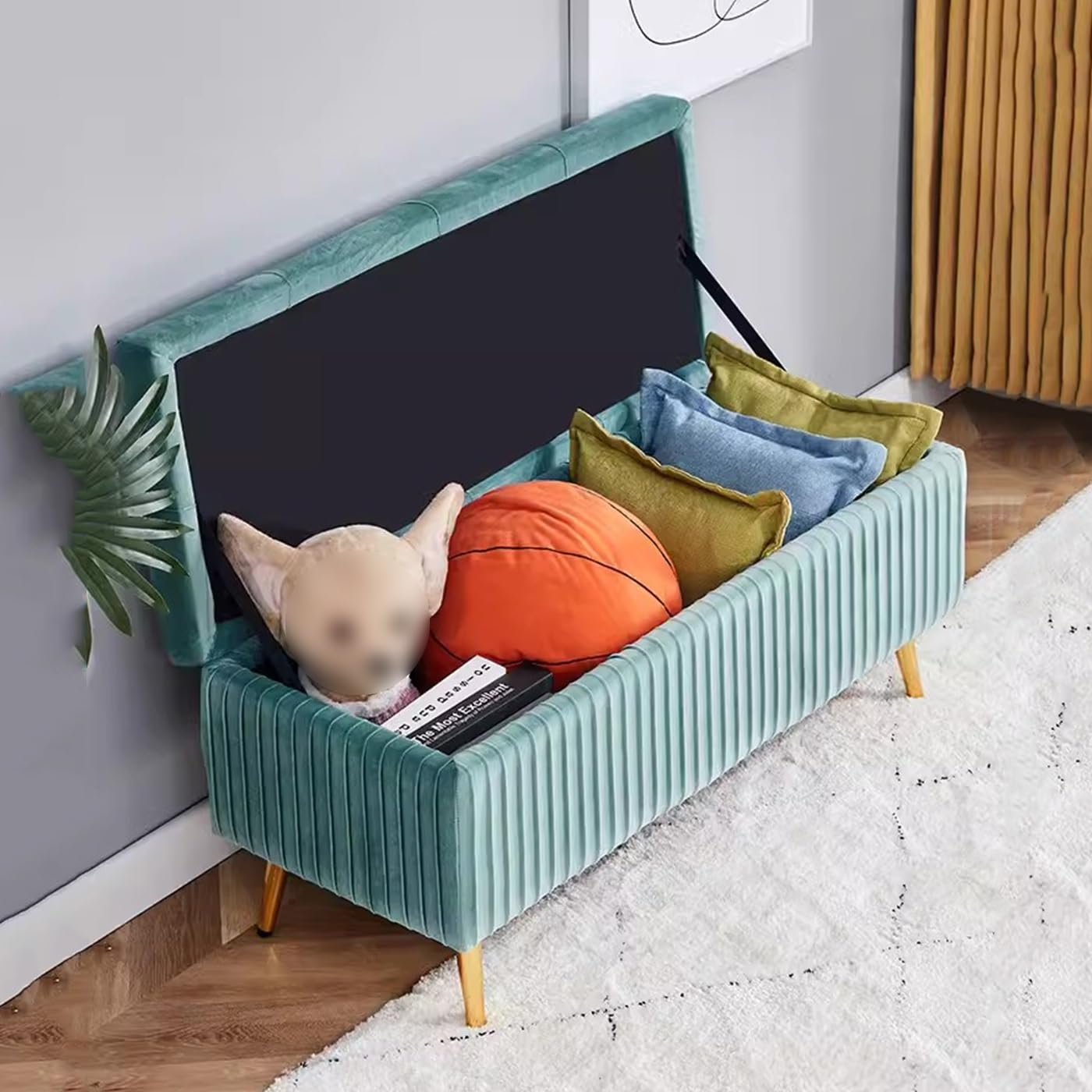 LWJSOCP Modern Cyan Entryway Shoe Bench Button Tufted Storage Ottoman for Living Room & Bedroom Rectangular Upholstered Foot Stool Stylish End of Bed Bench