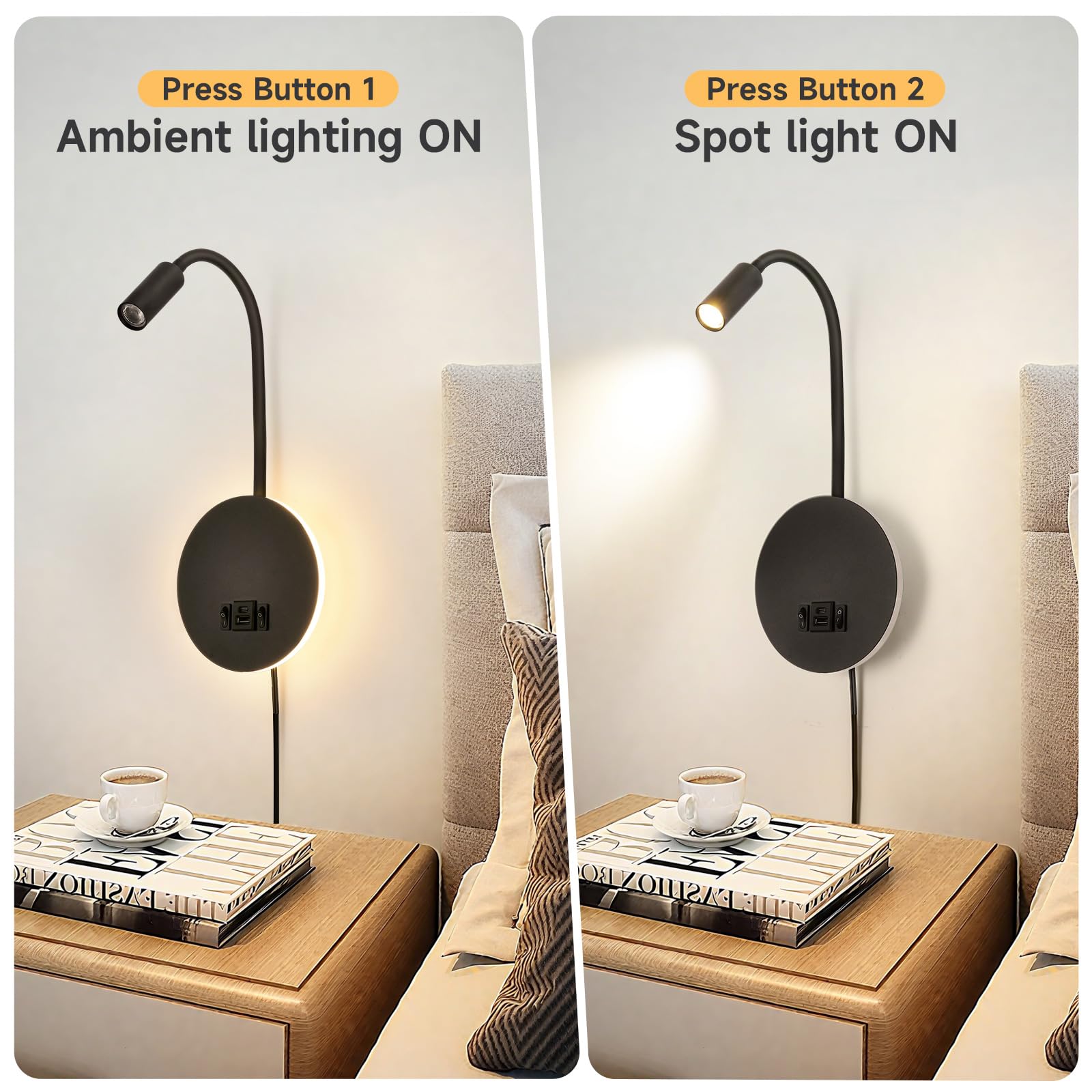 Wall Mounted Reading Light with USB & Type C Charging Port, Plug-in LED Headboard Reading Light - Image 3