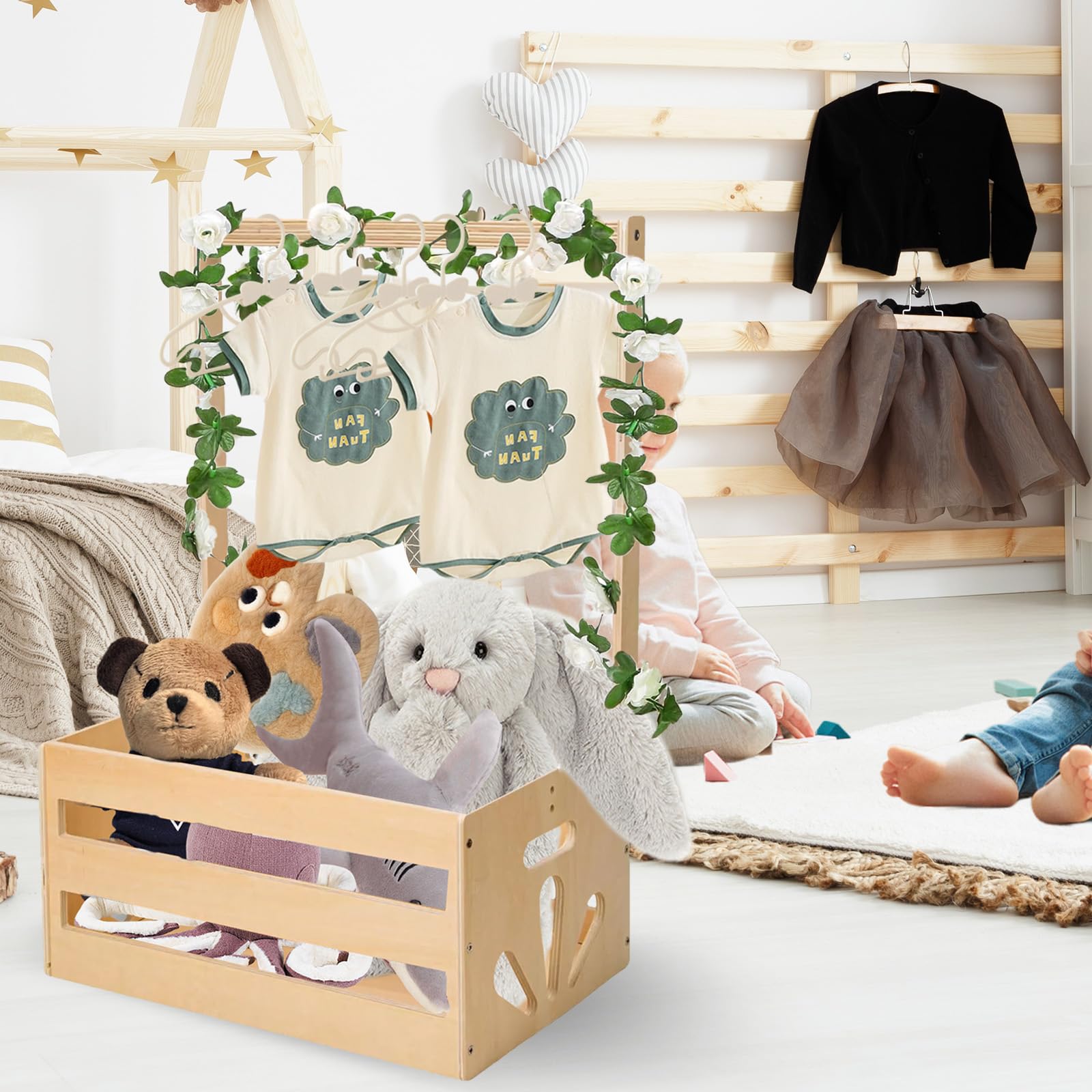 Panier En Bois Pour BéBé, Cadeaux De Baby Shower Cadeau Pour Nouveau-Né Avec Rotin Rose Blanc Et 5 Cintres Pour Baby Shower De Nouveau-Né Nouveaux Parents