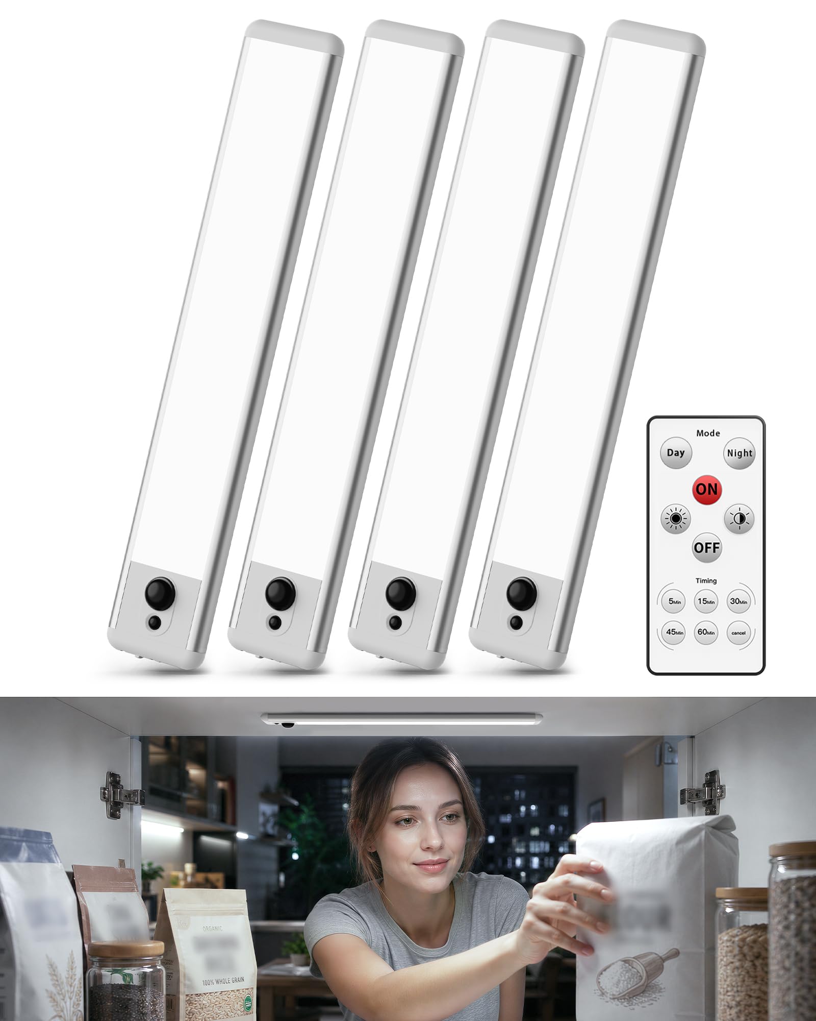 EZVALO Under Cabinet Lights, 14.5'' Motion Sensor Light Indoor Dimmable, 4000mAh Rechargeable Closet Lights 5700K with Remote Control, Wireless Under Counter Light for Kitchen,Cabinet,Bedroom（4Pcs）