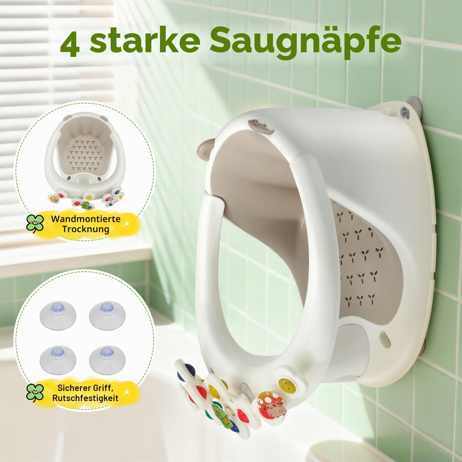 2-in-1 Baby-Badesitz mit Spielzeug ab 6 Monaten – Ergonomischer Badeaufsatz mit 4 Saugnäpfen, rutschfester Badesitz mit Fünf Spielzeug für Babys und Kleinkinder