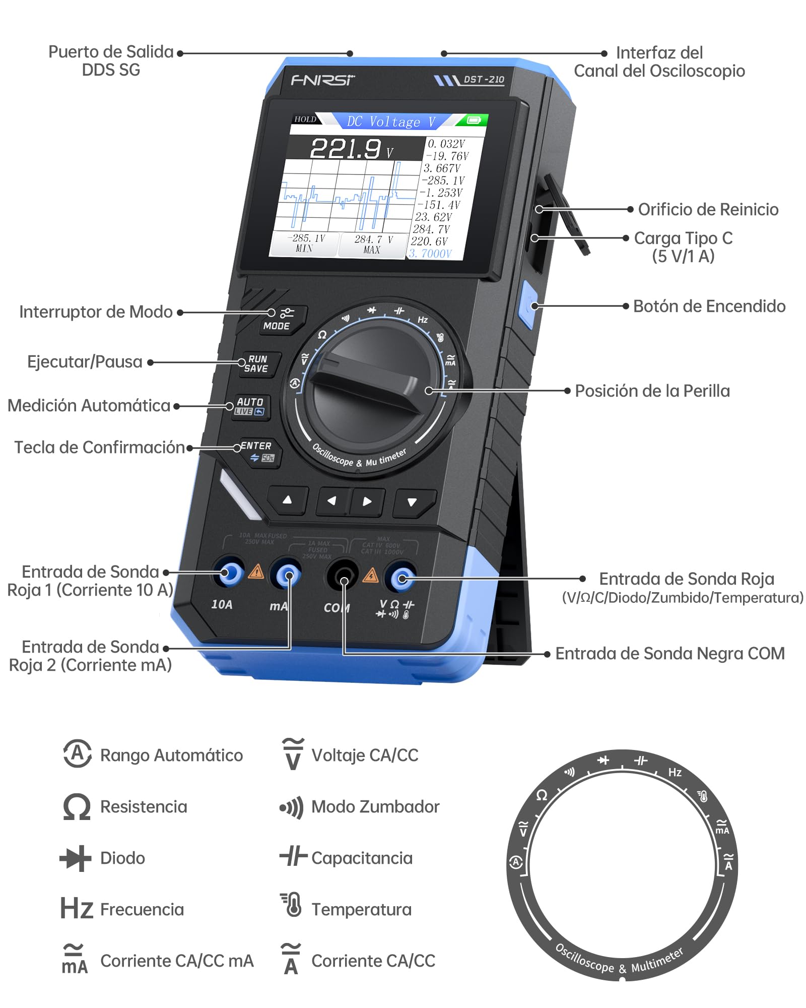 FNIRSI DST-210 Osciloscopio Portátil de Banda 10MHz, 19999 Cuentas, Digital Oscilloscope Multimeter DDS Generator 3IN1, Frecuencia de Muestreo 48MS/s, Voltaje CA/CC, Corriente, Condensador, Diodo