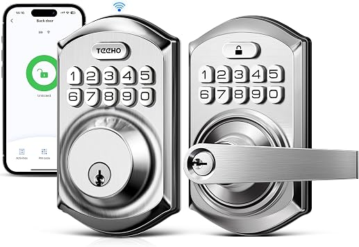 TEEHO WiFi Smart Door Lock + Smart Keypad Door Lock with Handle, App Control, Keyless Entry Electronic Lock, Remote One-Time Codes, Auto Lock, Passage Mode, for Bedroom, Interior Door & Rental, Satin