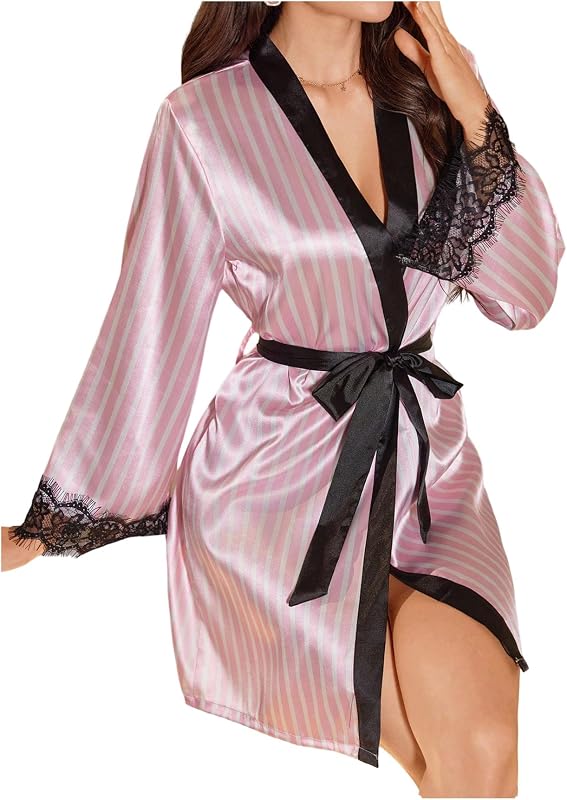 SHENHE Women's Satin Robe Striped Lace Trim Tie Waist Long Sleeve Lounge Robe Sleepwear