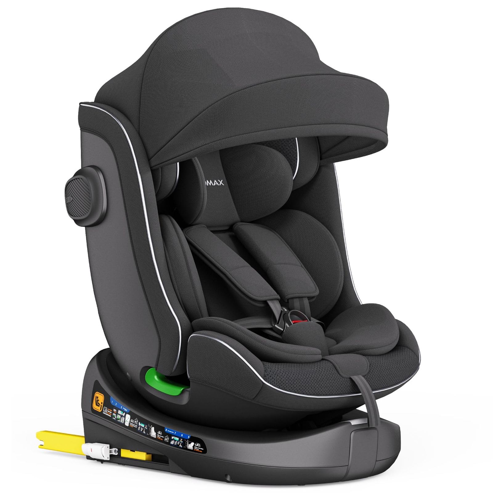 Xomax C013 Kindersitz 360° drehbar mit Isofix, ECE R129, 0-36 kg, verstellbar, neigbar, atmungsaktiver Bezug, 5-Punkt-Gurt, Top Tether, Autokindersitz für Babys & Kinder 0-12 Jahre, Farbe: (Schwarz)