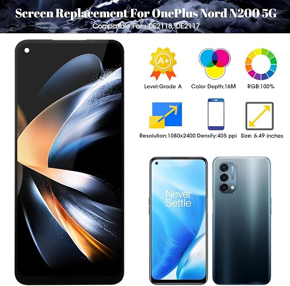 for OnePlus Nord N200 5G LCD Screen for OnePlus N200 5G Screen Replacement Nord N200 5G LCD Display DE2118 Touch Digitizer Assembly Compatible with DE2117 DE2118 Repair Parts Kits (Black)