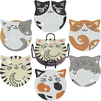 JOYSTRY Diamond Art Painting Coaster Kit, DIY Crafts with Holder, Non-Slip Cork Base, Diamond Art Supplies for Adults and Teens, Cat-Themed, 6Pcs