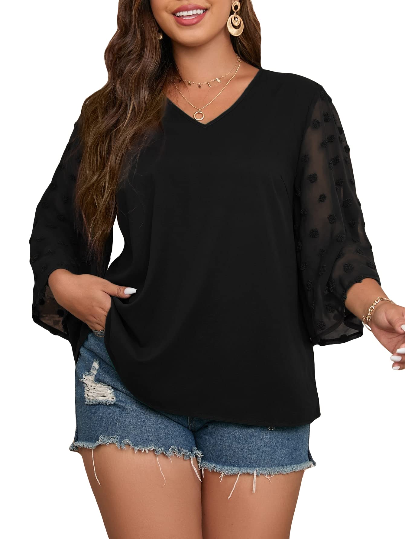 SOLY HUXWomen's Plus Size Swiss Dots V Neck 3/4 Sleeve Casual Blouse Tops