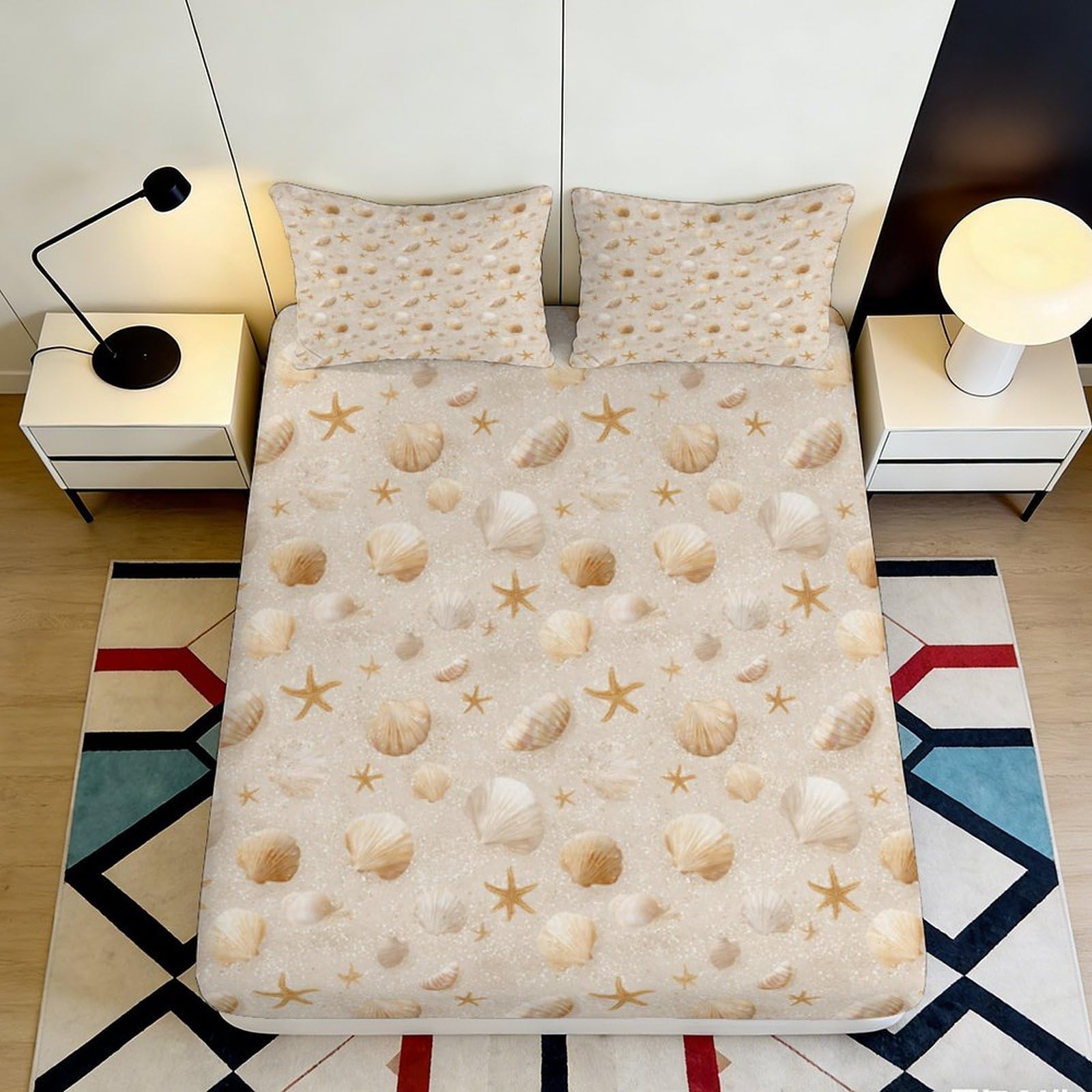 3D Printed Seashell Pattern Fitted Sheet Microfiber Soft Breathable Starfish Mattress Cover for Bedroom Dormitory Guest Room Mattress Protection Decor 160x200x25cm
