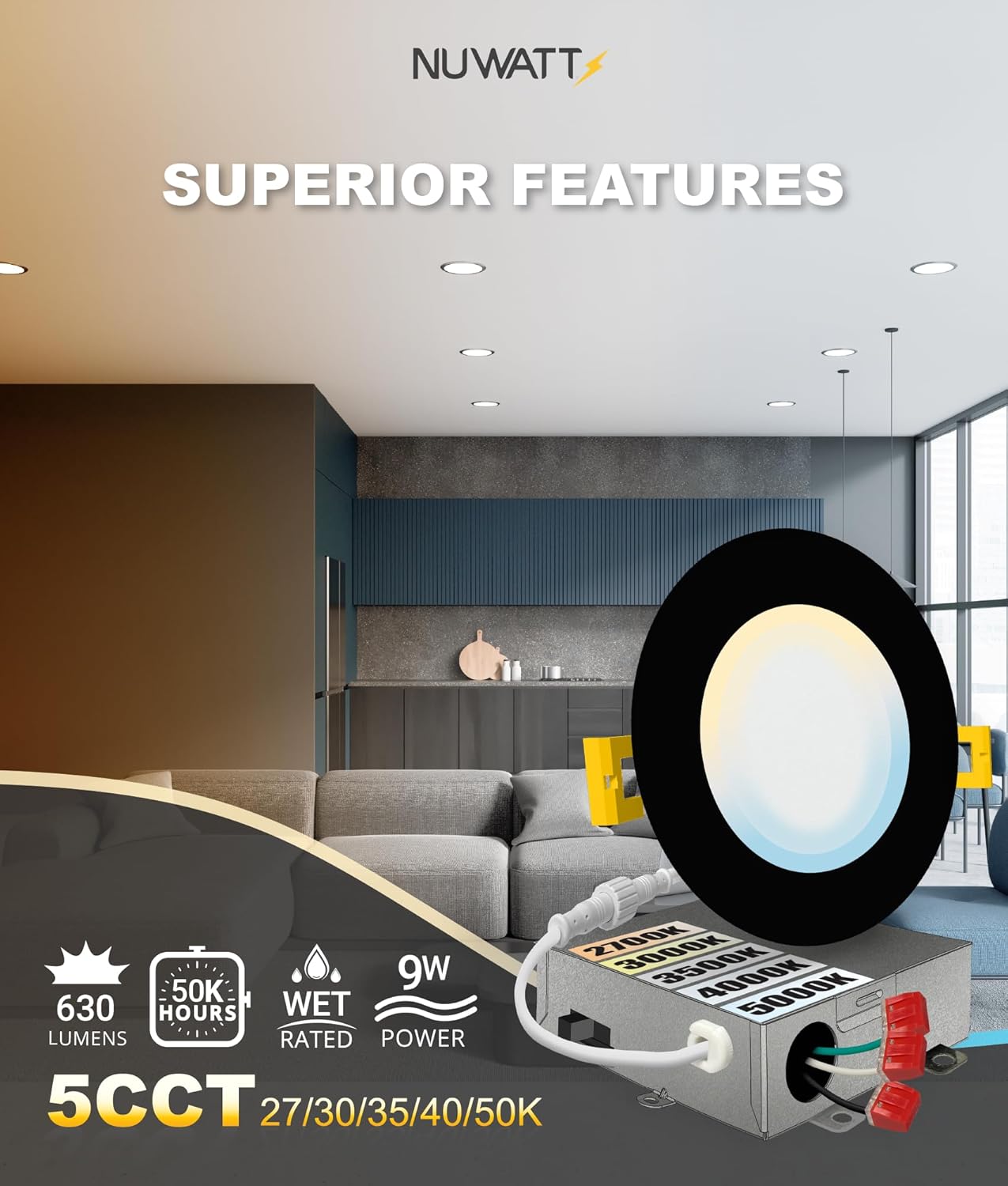 NUWATT 12 Pack, 4 Inch Recessed Lighting LED, Selectable CCT 2700K/3000K/3500K/4000K/5000K, 630LM, 9W, IC Rated, Dimmable, Canless Lights with Junction Box, ETL and Energy Star Certified, Black Trim