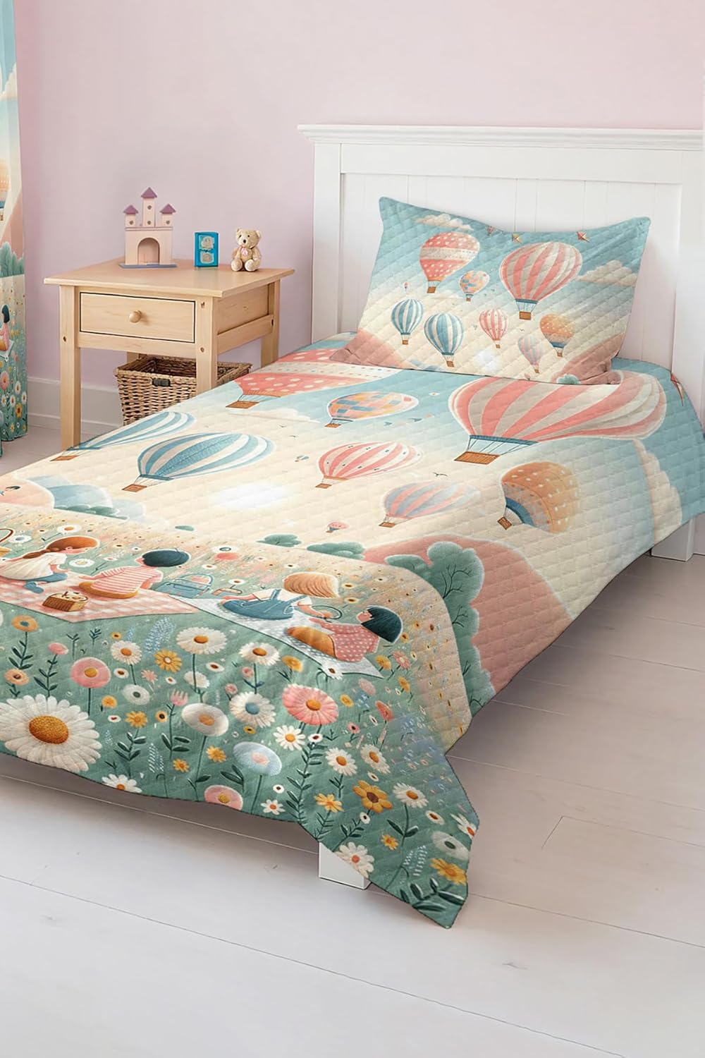 SODEF Single Size Quilt Set Air Balloons Print Kids and Teens Room Bedding Coverlet Lightweight Breathable Cotton Polyester Blend 2 Piece - Blue, One Size