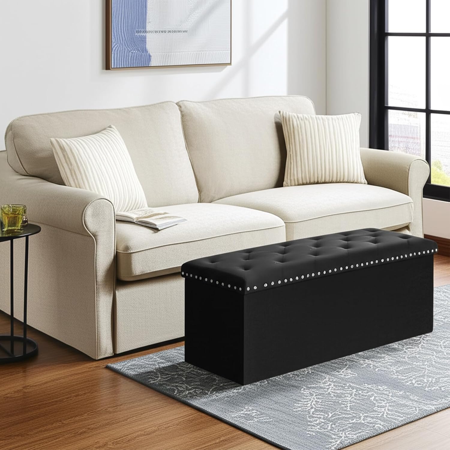 Storage Ottoman Bench, 43 Inches Folding Black Velvet Long Ottoman with Storage for Bedroom 43.7" L x 15.7" W x 15.7" H - Image 2