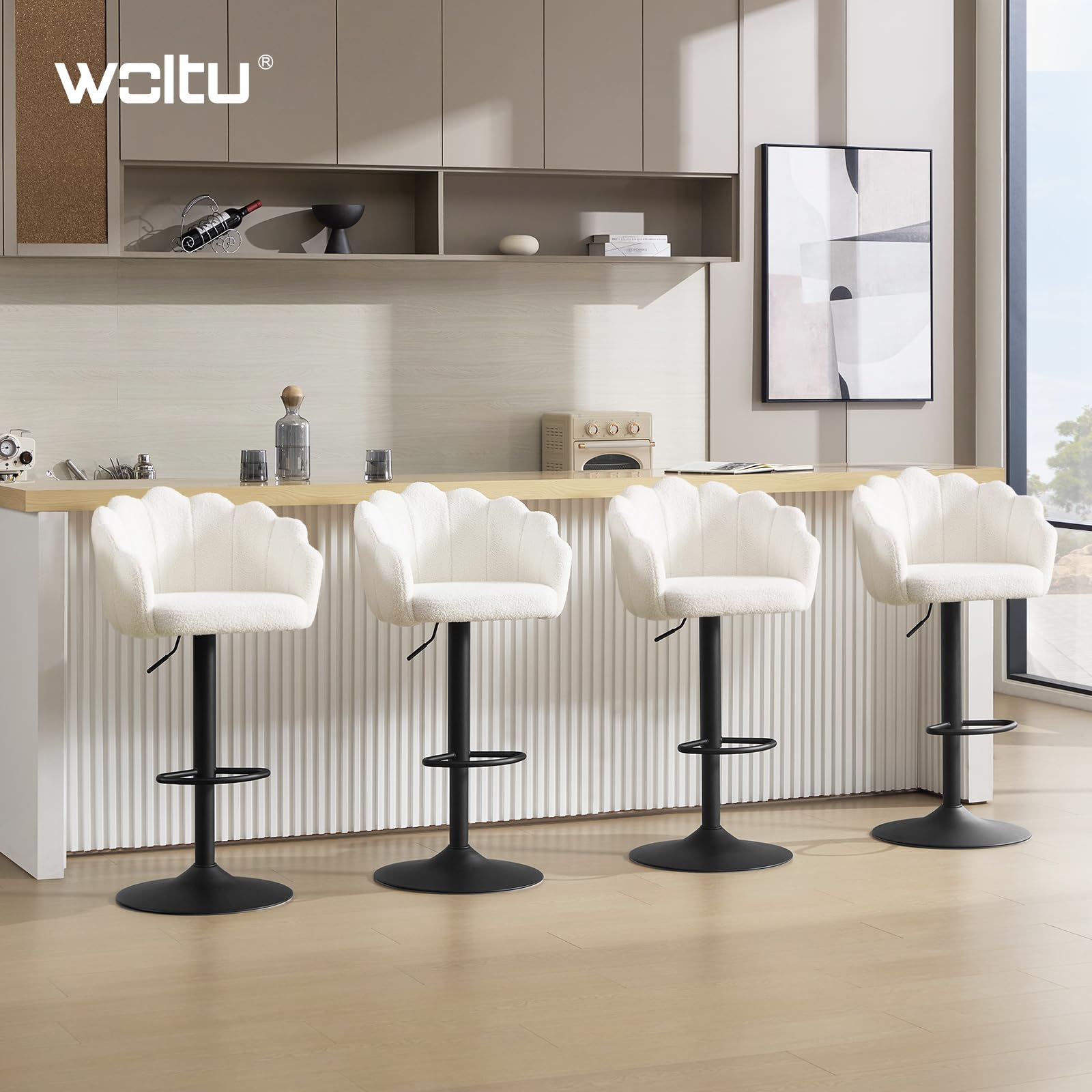 WOLTU Tabourets Bar, Lot de 2, Chaise Haute Bar, Réglable en Hauteur, Dossier en Forme de Pétale, Assise Pivotante en Velours Teddy, avec Repose-Pieds et Cadre en Métal, Beige