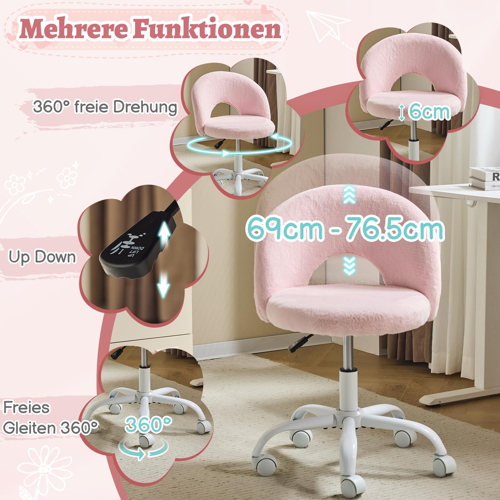 Bonnlo Homeoffice Stuhl, Schreibtischstuhl, Schminktisch Stuhl, Bürostuhl ohne Armlehnen, Drehstuhl mit Rollen, Höhenverstellbar, Homeoffice, Make up (Kunstkaninchenfell, Rosa)