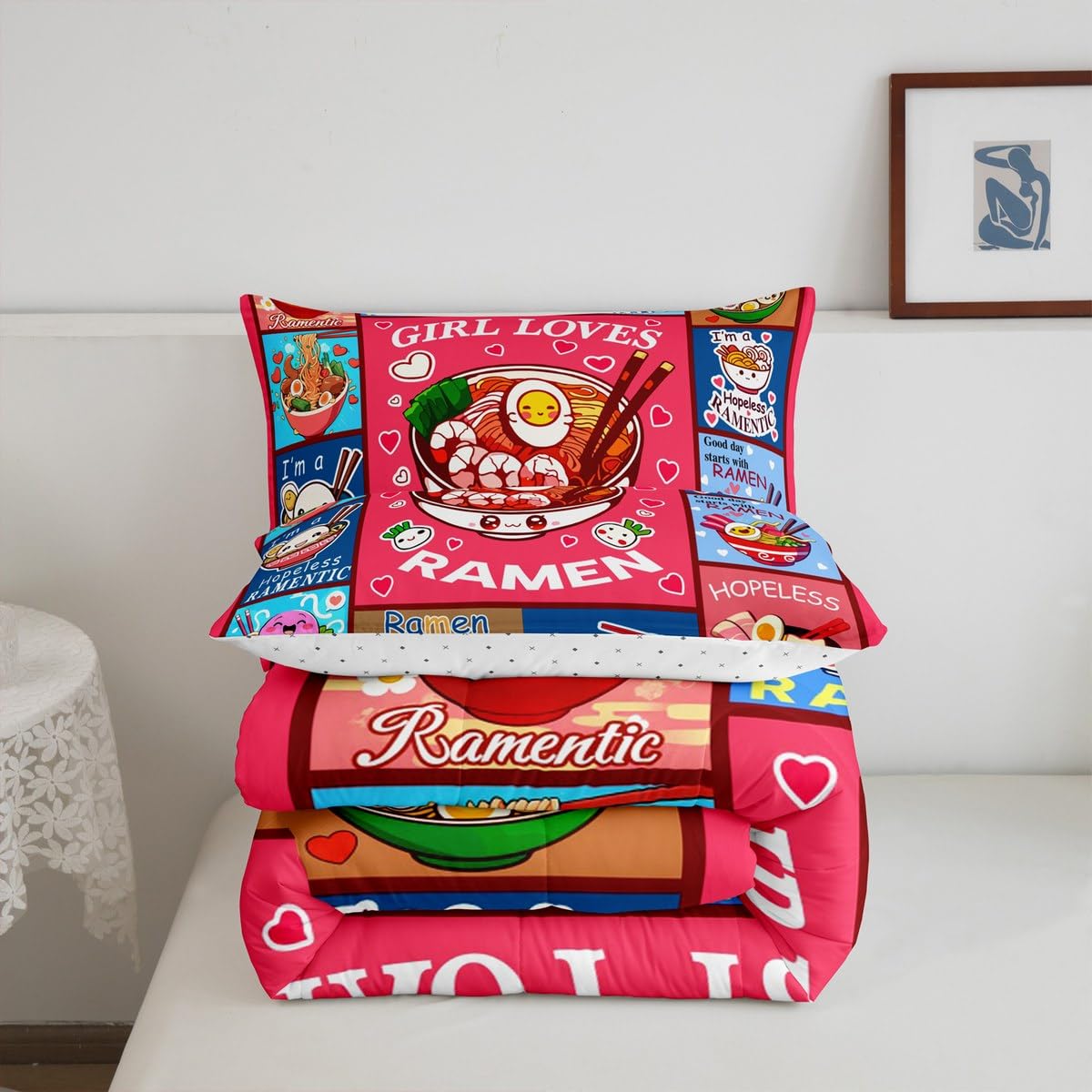 Loussiesd Ramen Bettdecke 135x200cm Kinder Jungen Mädchen Ramen Suppe Steppbett Ultra weiches Geschenk für Mädchen liebt Nudeln 4-Jahreszeiten Bettdecke Mädchen liebt Ramen Steppdecke Zimmer Dekor