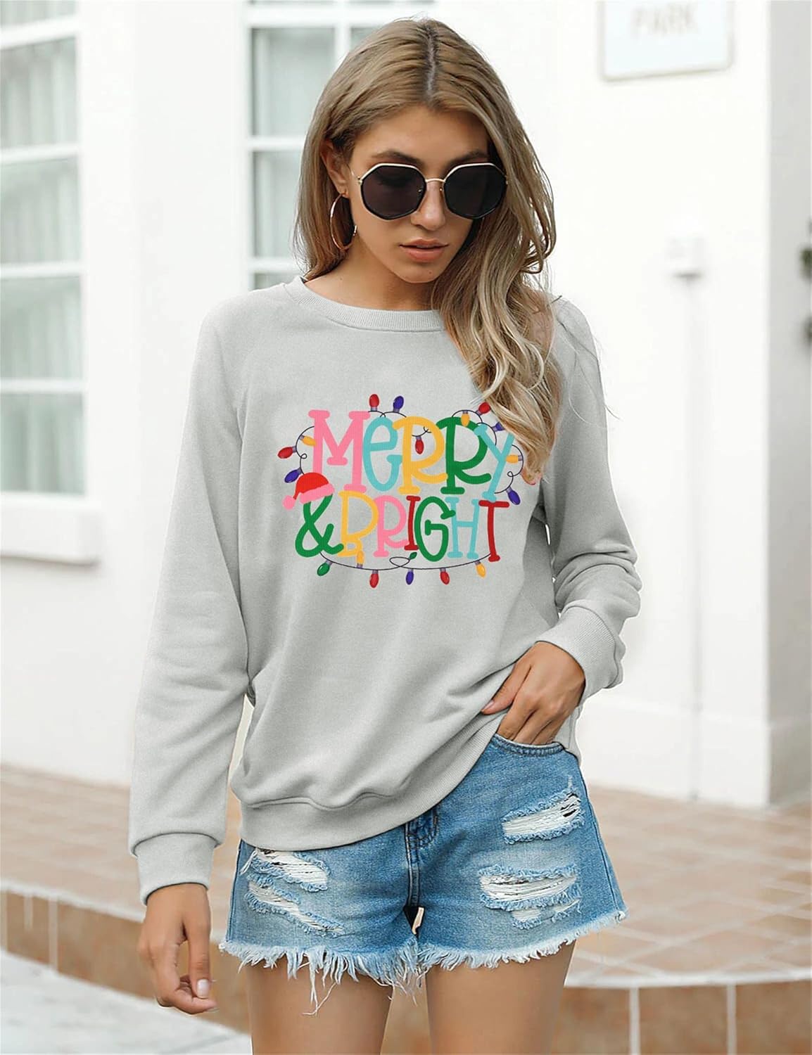 Merry and Bright Sweatshirt Women Merry Christmas Sweatshirt Xmas Crewneck Sweatshirts Bleached Long Sleeve Shirt : Clothing, Shoes & Jewelry