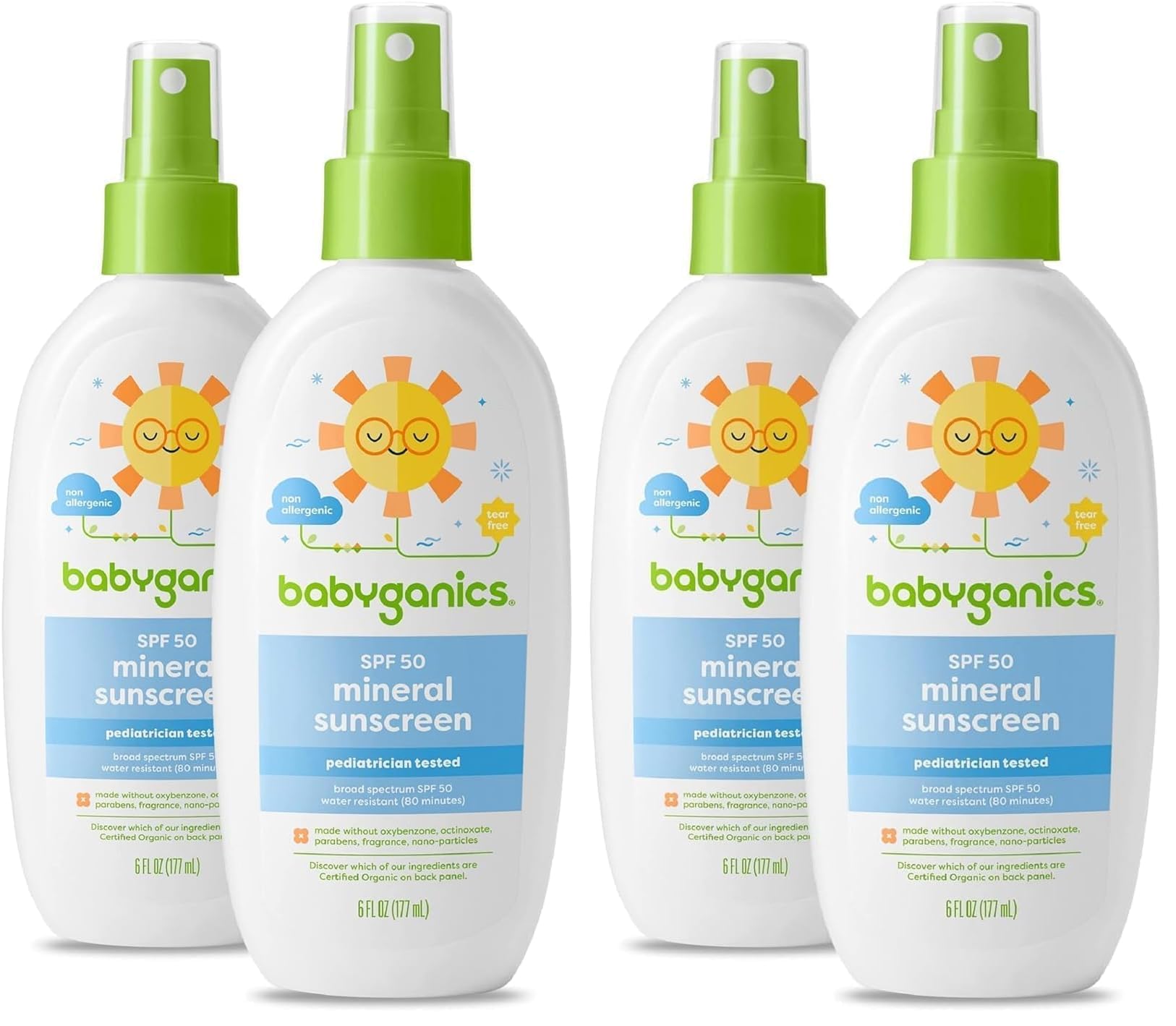 Babyganics SPF 50 Baby Sunscreen Spray | UVA UVB Protection | Octinoxate &amp; Oxybenzone Free, Water Resistant, Unscented, 6 Fl Oz (Pack of 4)