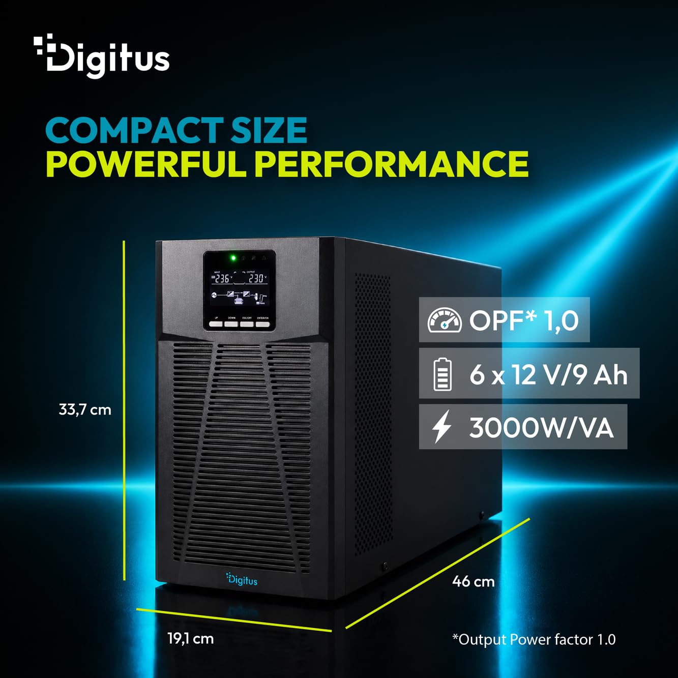 DIGITUS OnLine USV-System – 3 kVA 3 kW – 8X IEC C13 Steckdosen – Tower | Unterbrechungsfreie Stromversorgung – Leistungsfaktor 1,0 – UPS Software – RS232, RJ45 & USB-Port – Schwarz