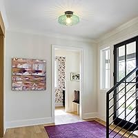 Vista 3 de Semi Flush Mount Ceiling Light, 11.8" Vintage Green Glass Ceiling Lights, 1-Light Mid Century Modern Drum Close to Ceiling Light Fixtures for
