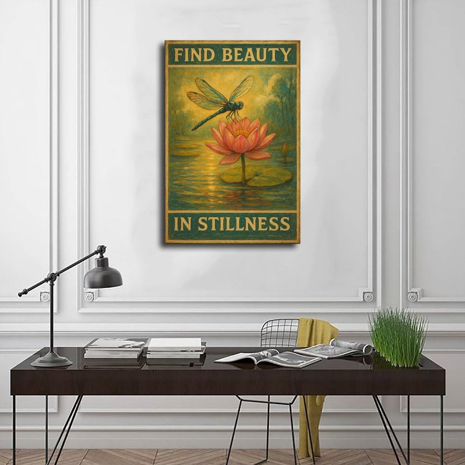 Poster su tela con libellula "Find Beauty in Stillness", per ufficio, idea regalo