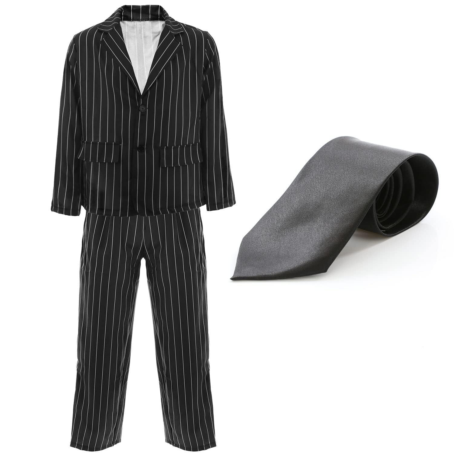 Adults Gangster Costume - Black Pinstriped Suit Jacket + Trousers + Black Tie - Mens 1920s Gangster Fancy Dress Costume (Large)
