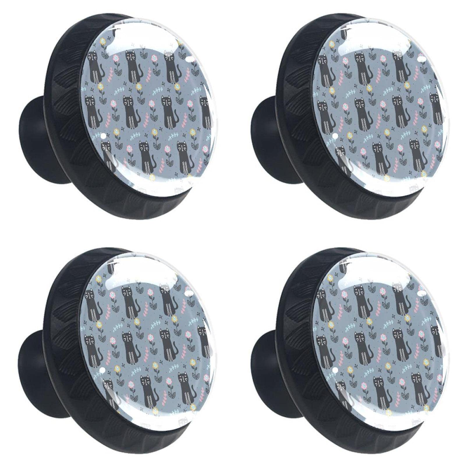 Lot de 4 boutons de tiroir en verre avec motifs chats noirs pour meubles