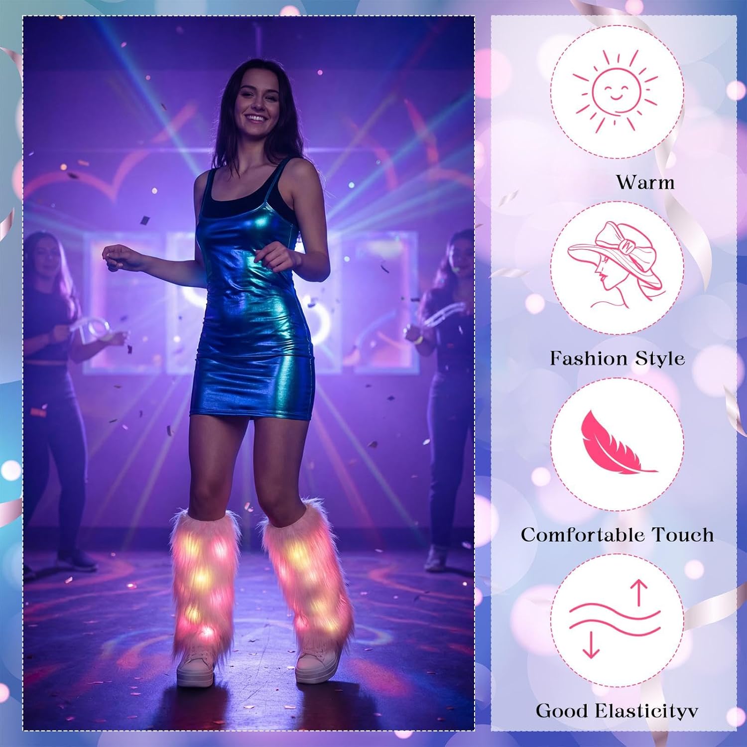 Bonuci Faux Fur Fuzzy Leg Warmers with LED Lights Halloween Rave Furry Costume Fluffy Boot Covers Christmas Women Cosplay - Image 4