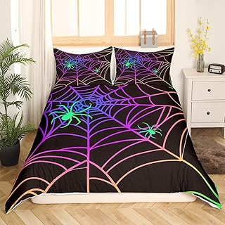 Feelyou Halloween Bedding Set Twin Size Kids Spider Web Comforter Cover Set for Boys Teens Halloween Decor Duvet Cover Fluorescent Style Bedspread Cover Room Decor Quilt Cover