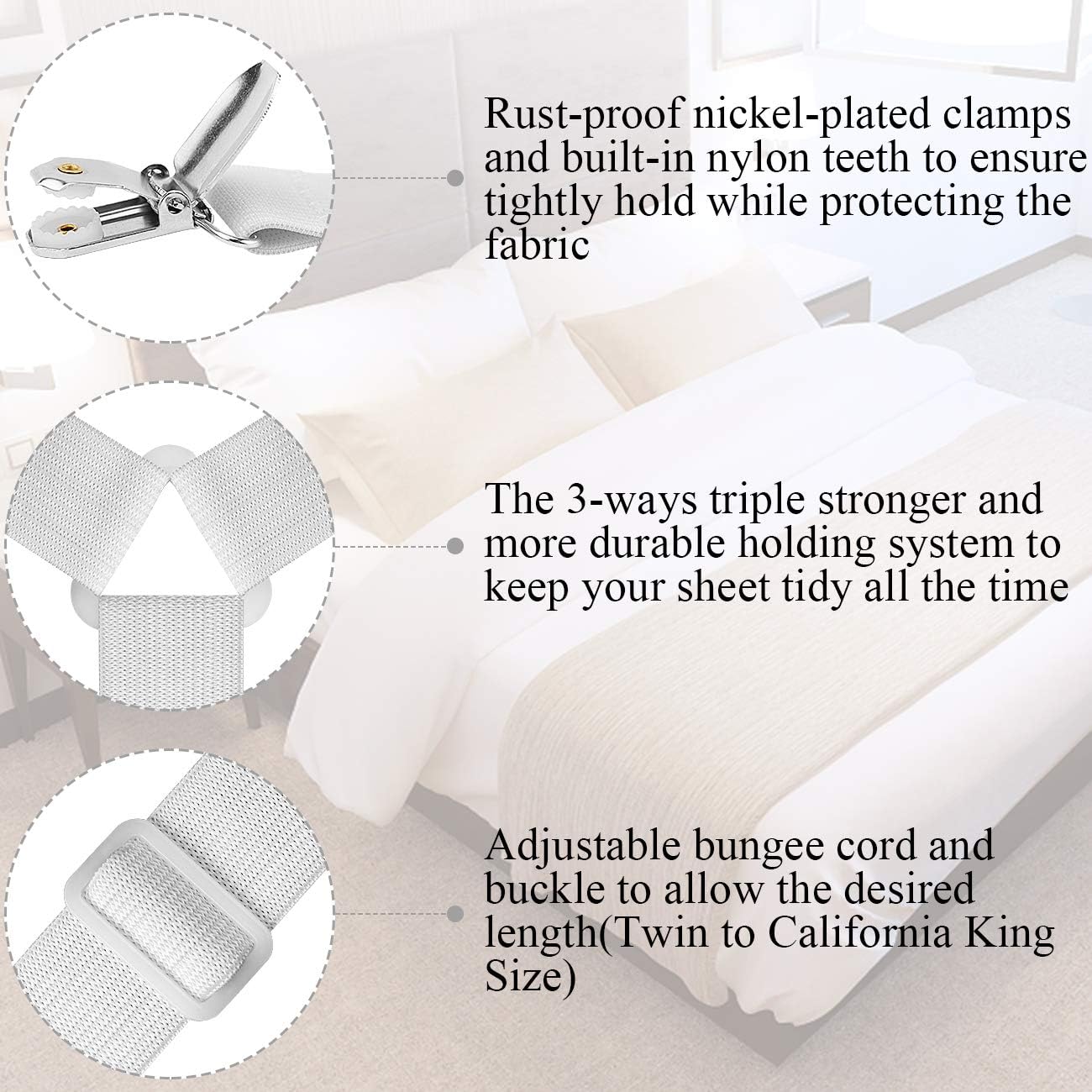 ZHOUBIN Bed Sheet Holder Straps, Adjustable Elastic Crisscross Bed Sheet Fastener Straps Suspenders for All Bed Sheets, Mattress Covers(2 Set/4Pcs,White) : Home & Kitchen