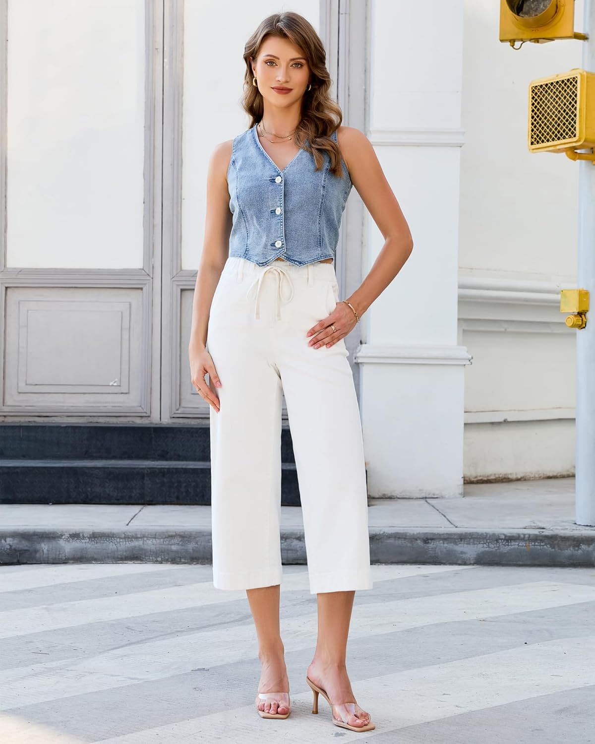 GRAPENT Capris Jeans for Women Trendy Wide Leg Capri Pants High Waisted Pull On Elastic Waist Summer Stretch Denim Jeans - Image 5