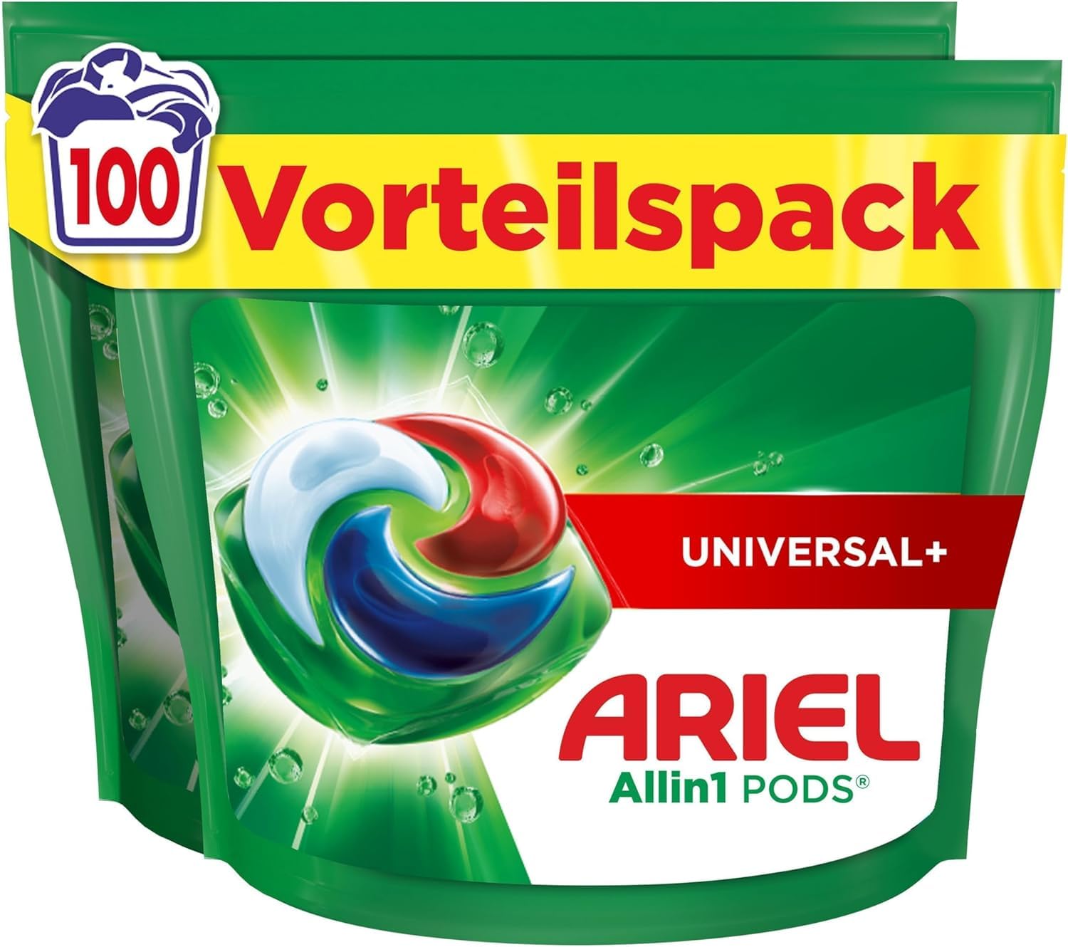 Ariel Detergente en cápsulas todo en 1, detergente líquido en cápsulas, 100 lavados, universal +, potente eliminación de manchas a partir del primer lavado