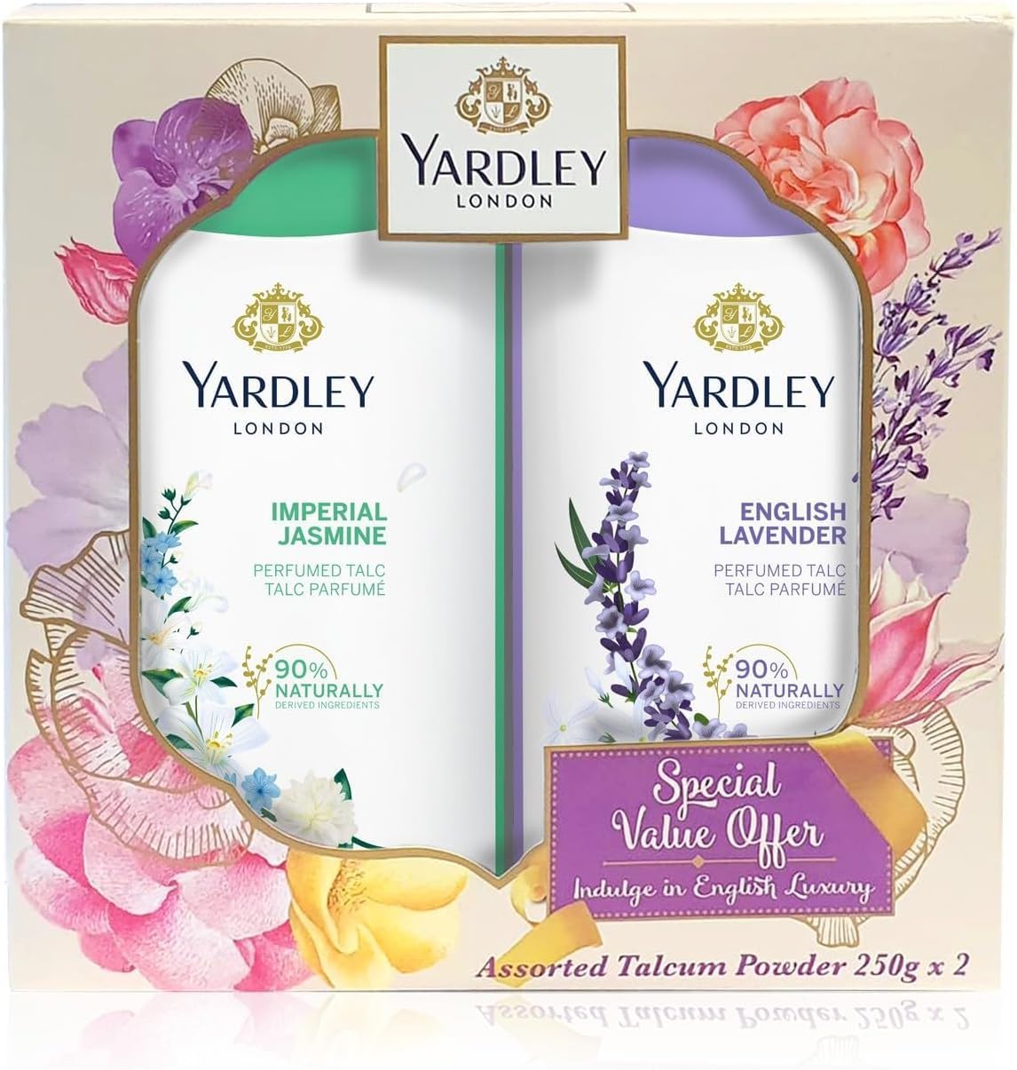 Yardley Twin Talc Saver Pack, Assorted - 2 x 250g | Indulge In Luxurious Softness With 2 Fragrant Talc Powders | For A Timeless & Fresh Feeling