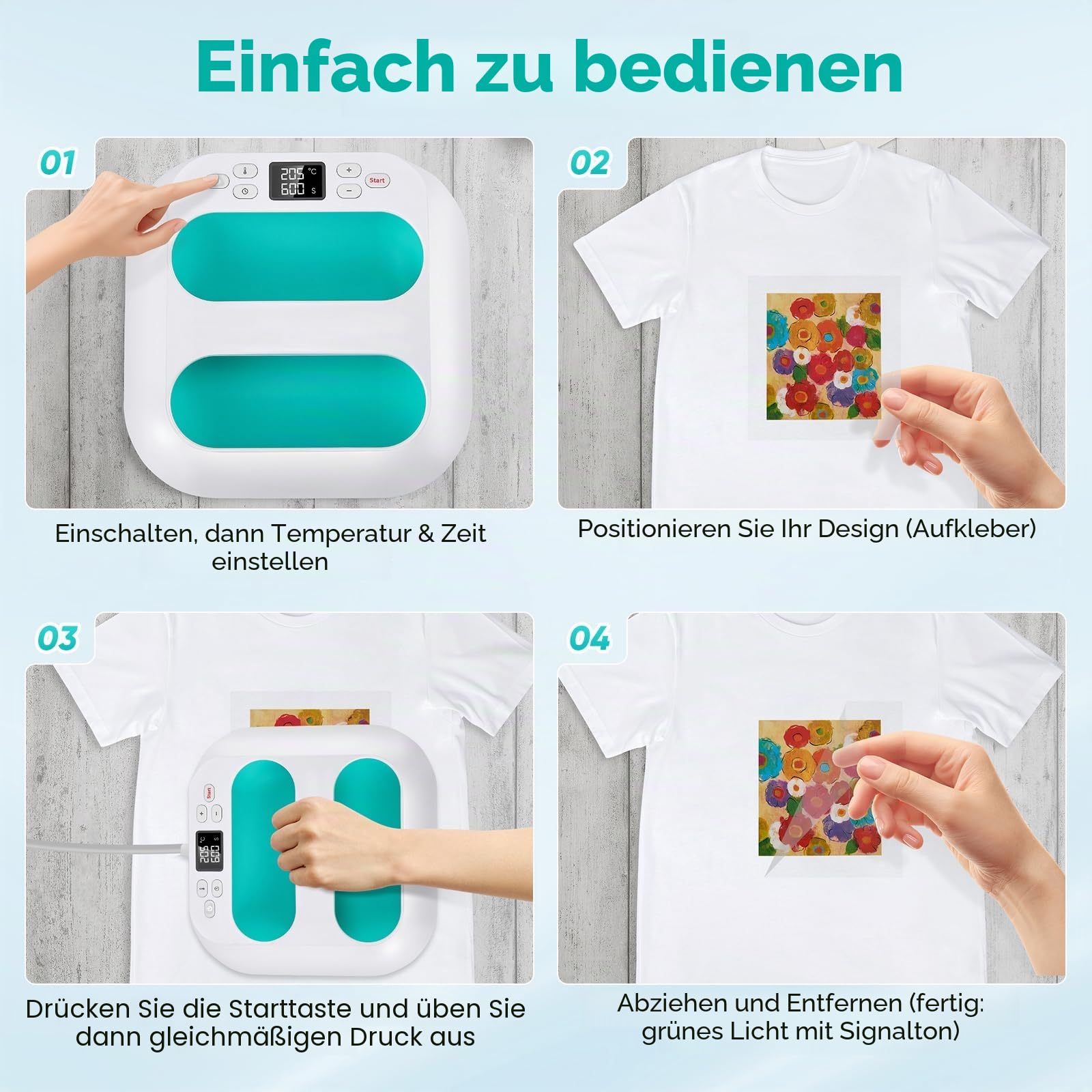 Transferpresse Heizpresse 22.5x22.5CM (9x9 Zoll), DIY Heizpresse Plotter mit Timer und Temperaturregelung (100–205 °C) für schnelles Übertragen von Textilien, Inklusive 12 Aufklebern (Grün)
