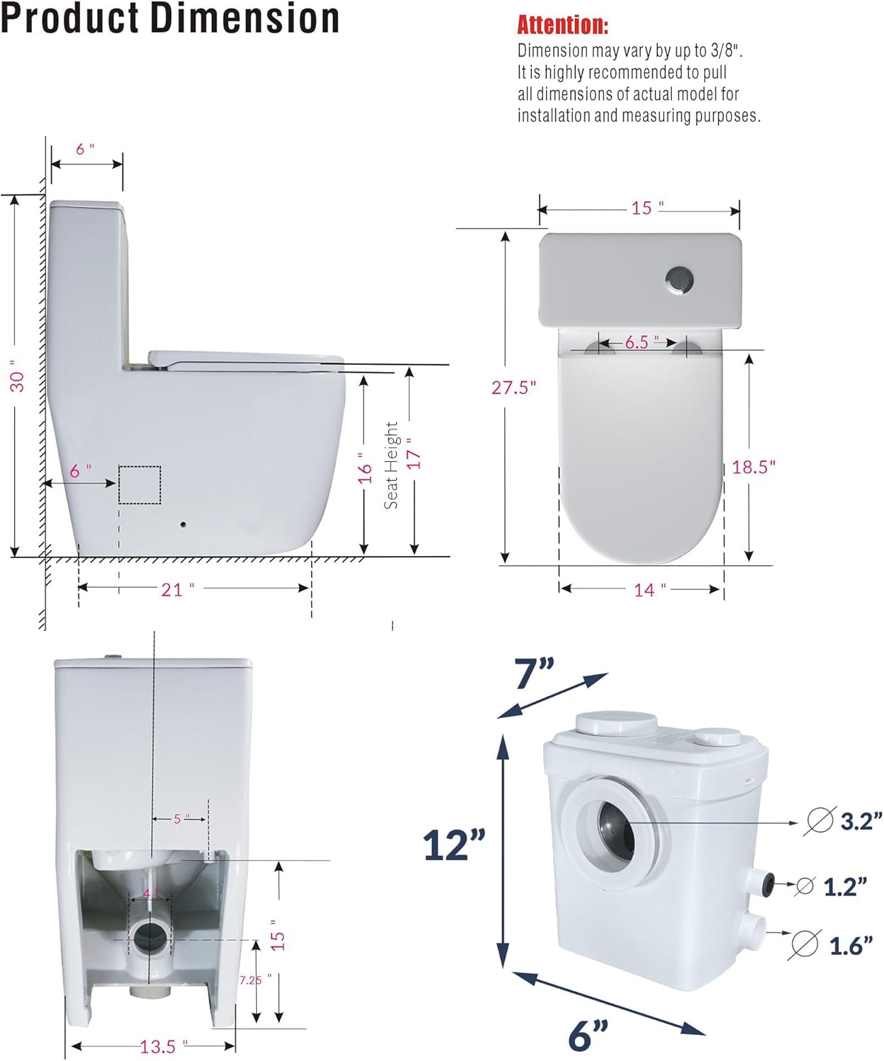 Product dimensions diagram for WinZo WZ5311-P toilet and pump