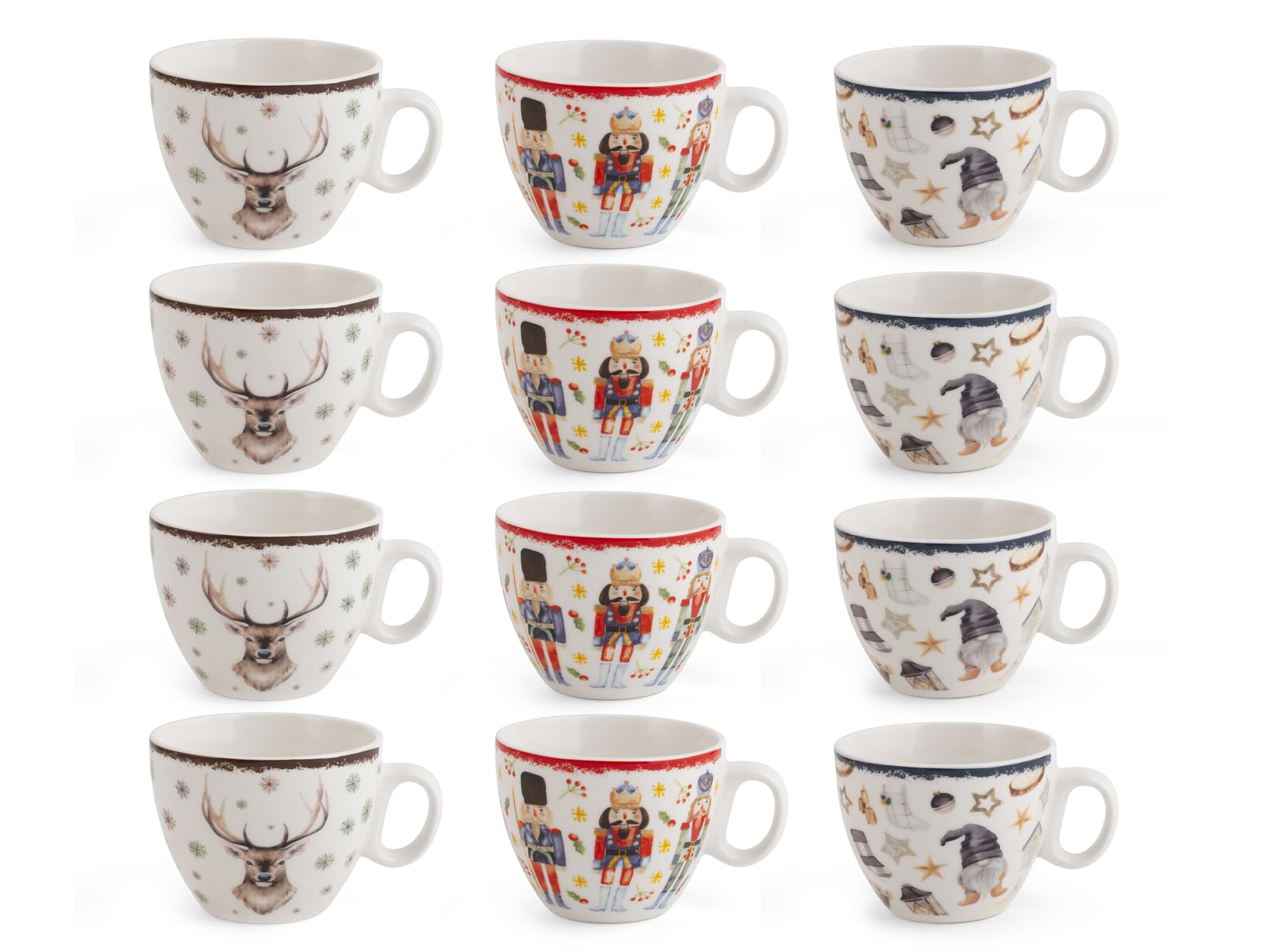 H&H, set 12 tazze te' Noel, tazze natalizie, tazze decorate, decori assortiti, in porcellana New Bone China, 220 cc