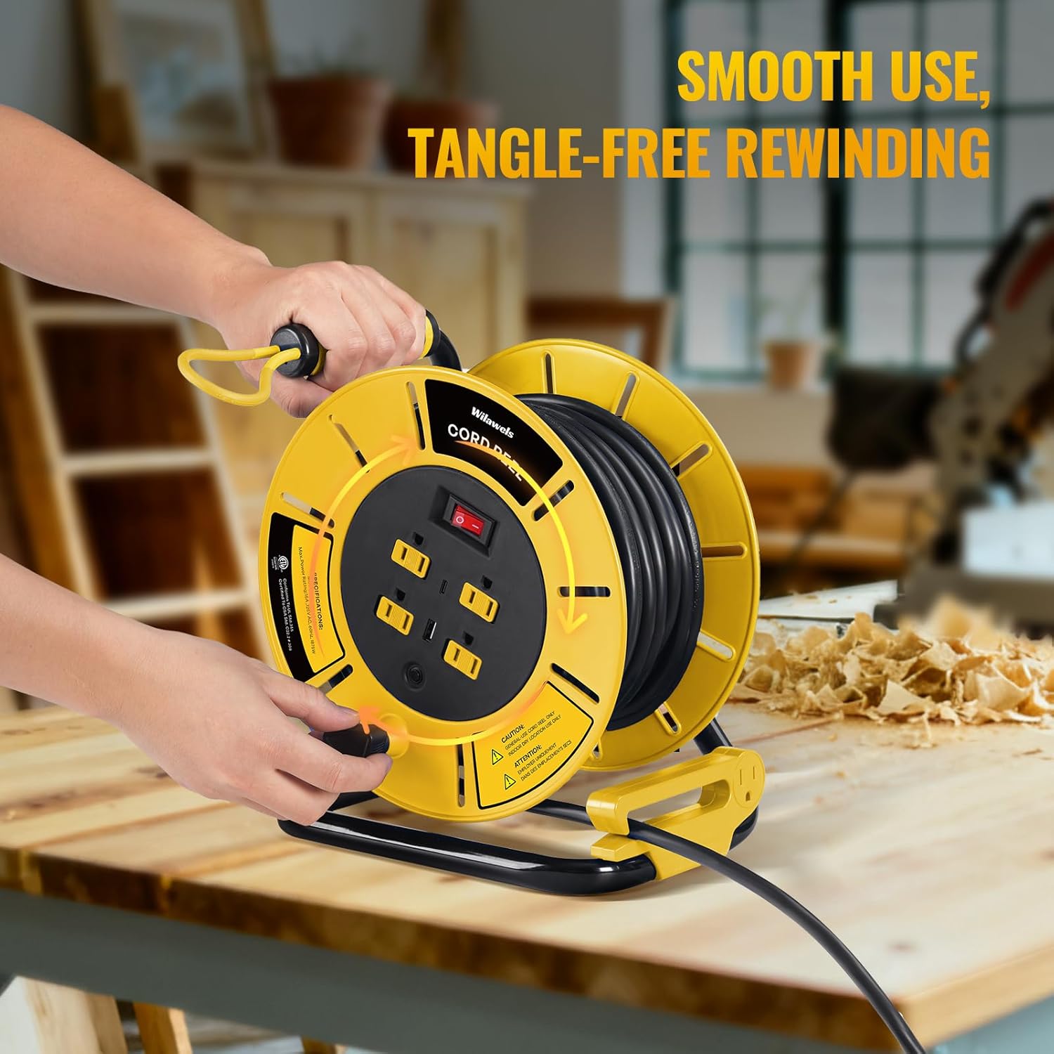 Extension Cord Storage Reel with 4-Grounded Outlet & 2 USB Port, 15A Circuit Breaker, Heavy Duty Open Cord Reel for 12/3,14/3 Gauge Power Cord, Hand Wind Retractable,ETL Listed Yellow Y85CR06
