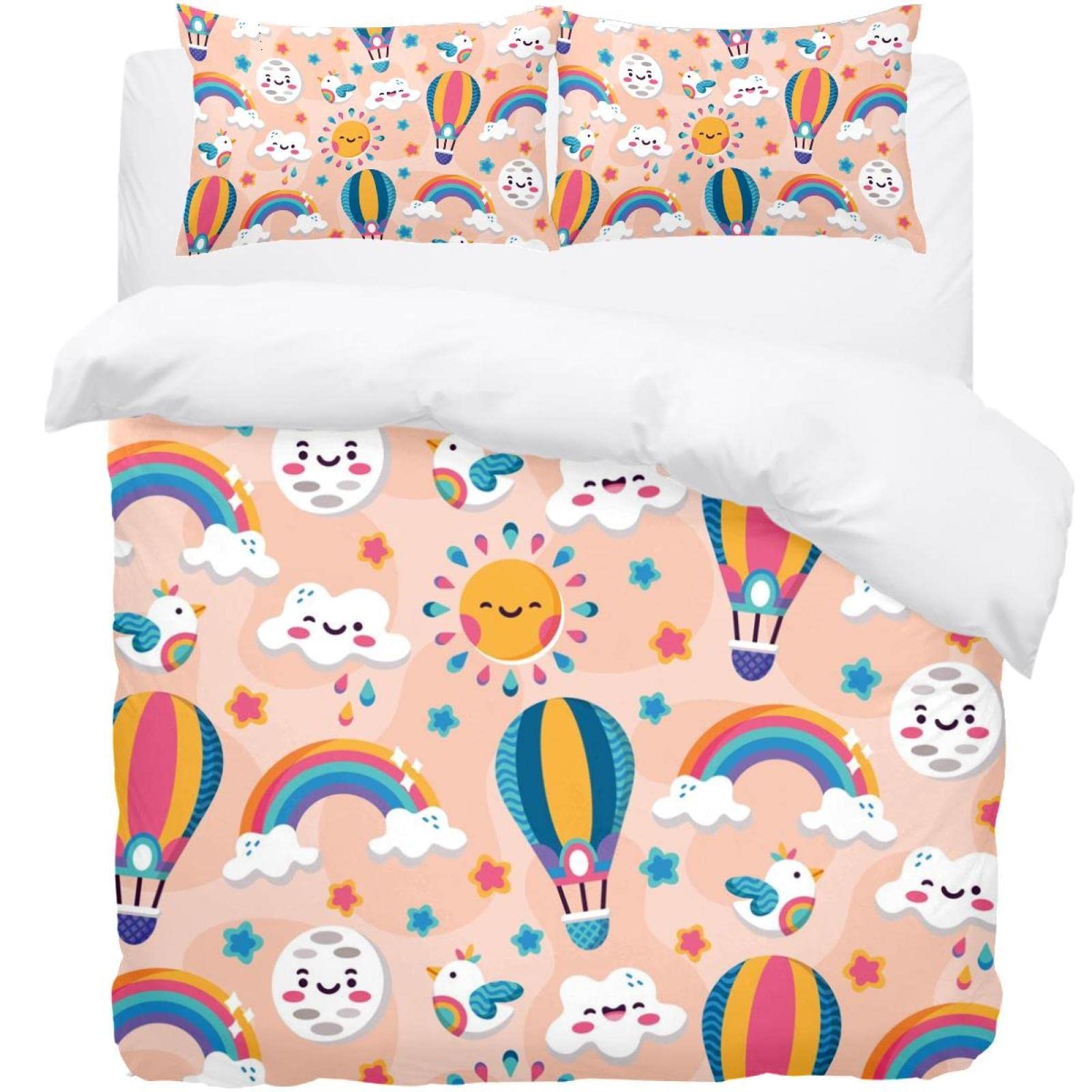 Housse de couette montgolfière arc-en-ciel et taie d'oreiller pour lit enfant