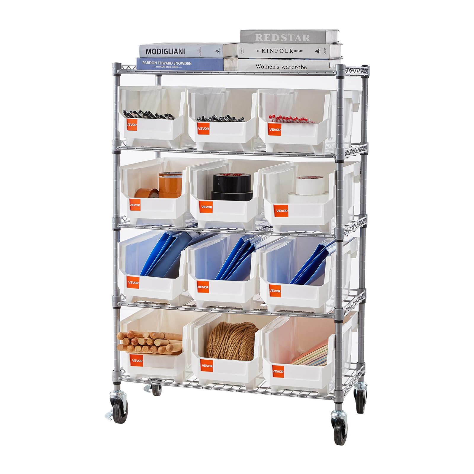 VEVOR Étagère de Rangement Mobile 5 Niveaux Rayonnage sur roulettes 12 Bacs pour Garage, Entrepôt, Bureau, Restaurant, Salle de Classe, Cuisine, en Fil d'acier, avec roulettes Pivotantes et 2 Freins