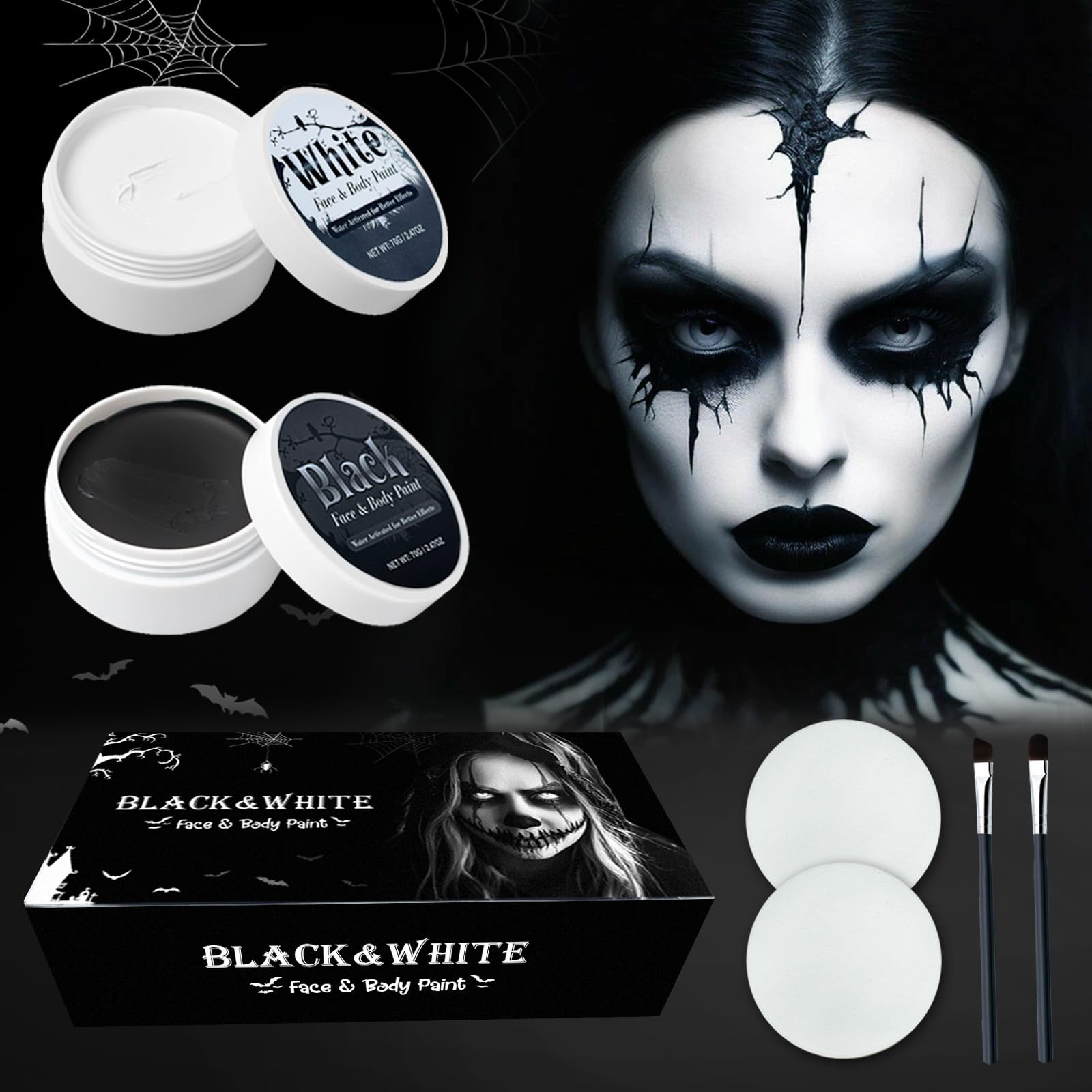 Makijaż na Halloween, 140 g, czarno-biały (70 g na sztukę), z 2 pędzlami + 2 pudrem pudru, farba do twarzy na Halloween, do makijażu teatralnego, szkieletu, zombie, wampira, makijażu karnawałowego