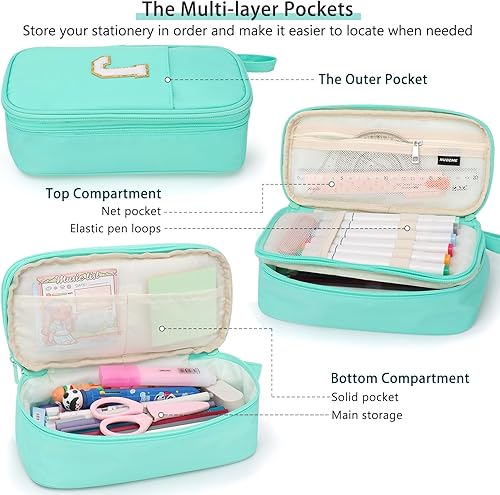 Miniatura 5 de Estuche para lápices extragrande, bolsa de gran capacidad, bolsa de lápices personalizada con inicial con cremallera suave, múltiples bolsillos,