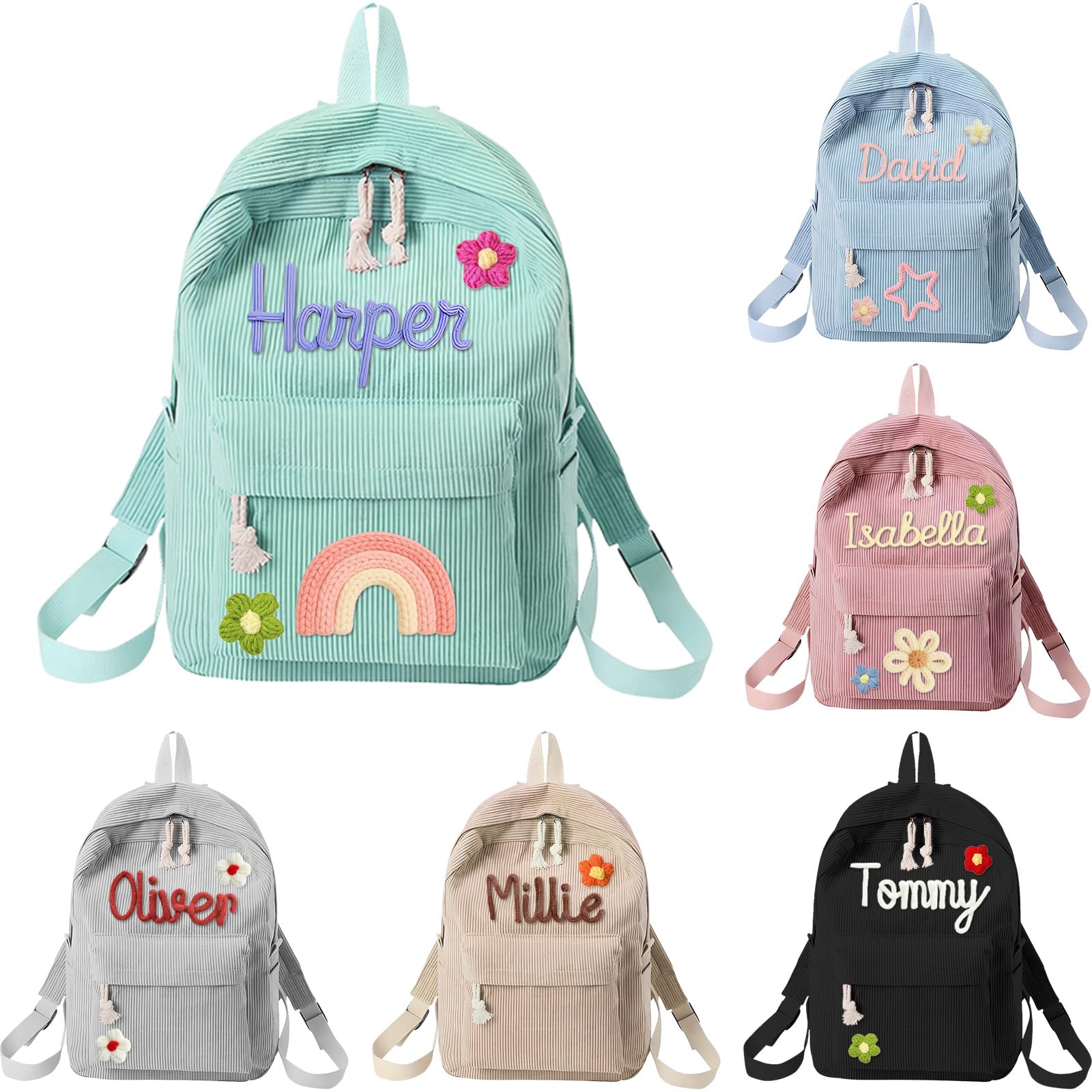 Sac à Dos Enfant Personnalisé en Velours Côtelé avec Prénom Brodé – Cartable Maternelle à Cordon en Coton, Sac Monogrammé pour Fille et Garçon, Idée Cadeau Rentrée Scolaire (Style 1)
