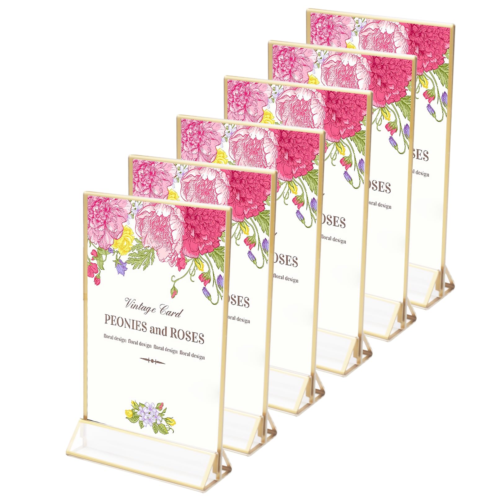 Pack of 6 Acrylic Picture Frames Gold, Double-Sided Card Stand, Place Card Holder, Wedding Table Numbers for Table Top, Restaurant Retail, Paper Holder, Picture Frame (Vertical Style)
