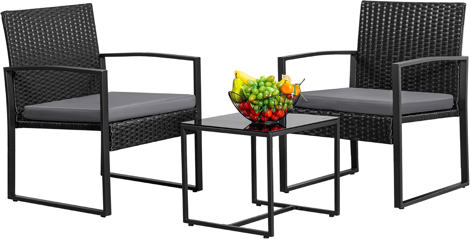 Greesum 3 Piece Wicker Conversation Bistro Sets Outdoor Patio Set Modern Rattan Chair Furniture Sets with Coffee Table for Yard Garden Porch Lawn (Grey)