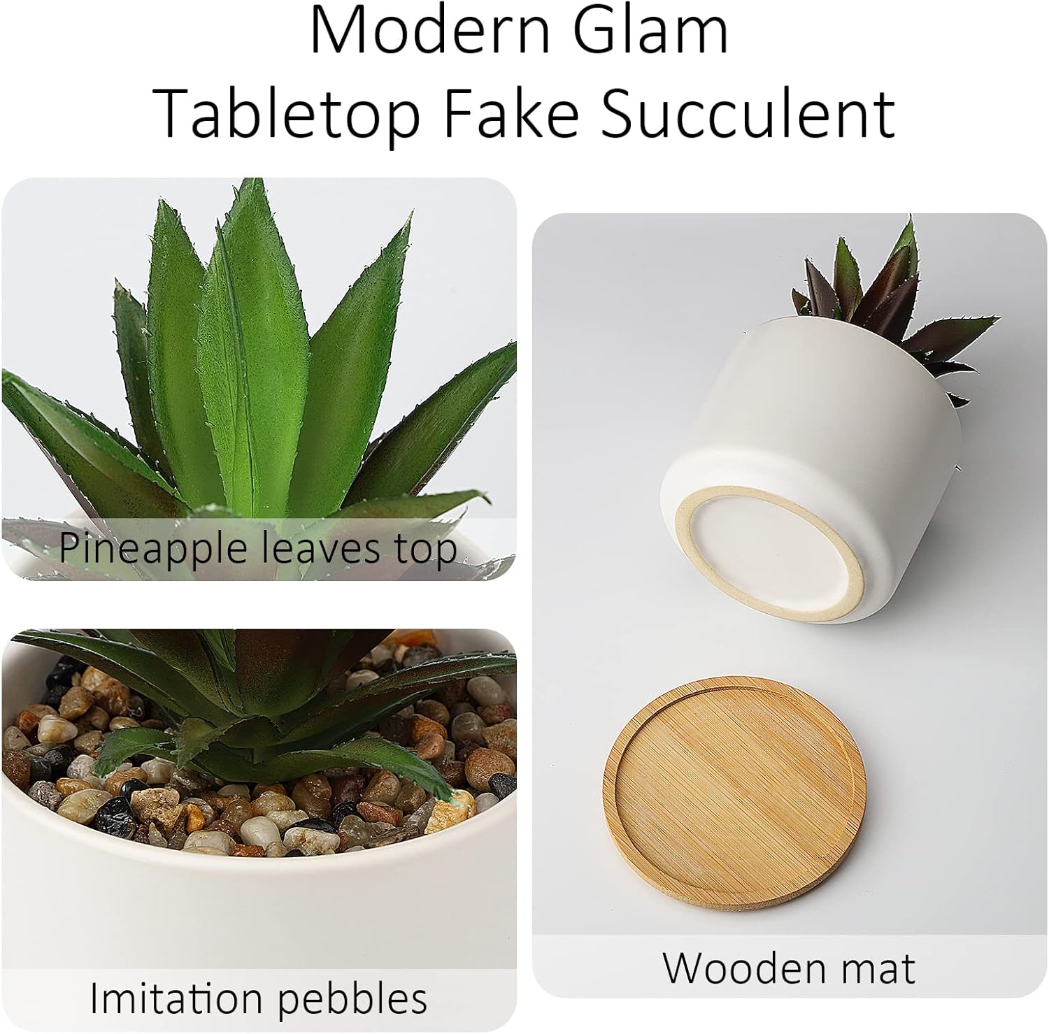Hopewood Cute Indoor Decor Plants, Artificial Succulent Plants in Ceramic Pots with Bamboo Tray, Faux Potted Plants