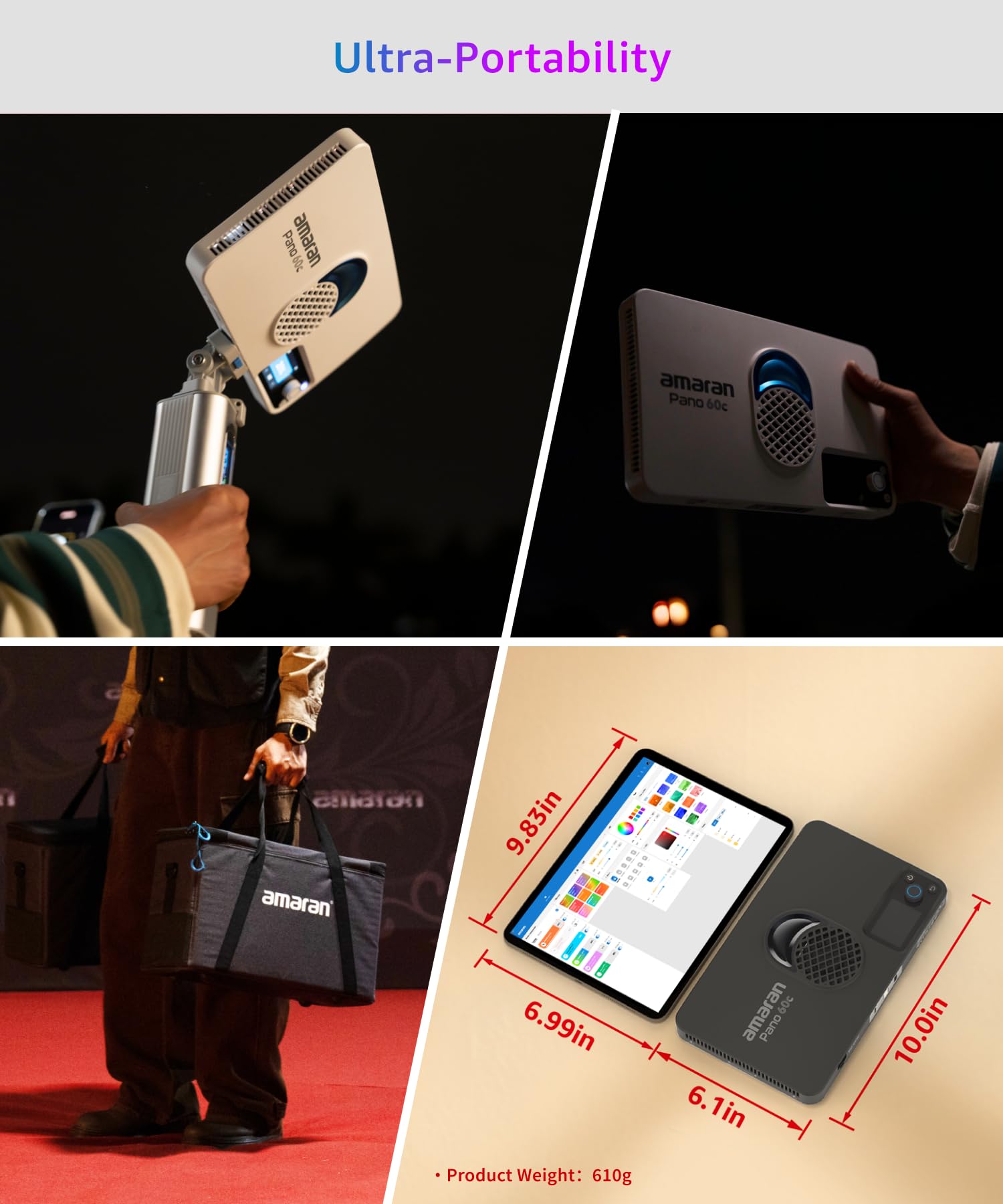 Kit 2 Luci Amaran Pano 60c RGBWW 60W – 22.220 Lux, Alimentazione USB-C PD, Softbox, Griglie, Diffusori, Supporti E Borsa Da Trasporto, Bianco - 2
