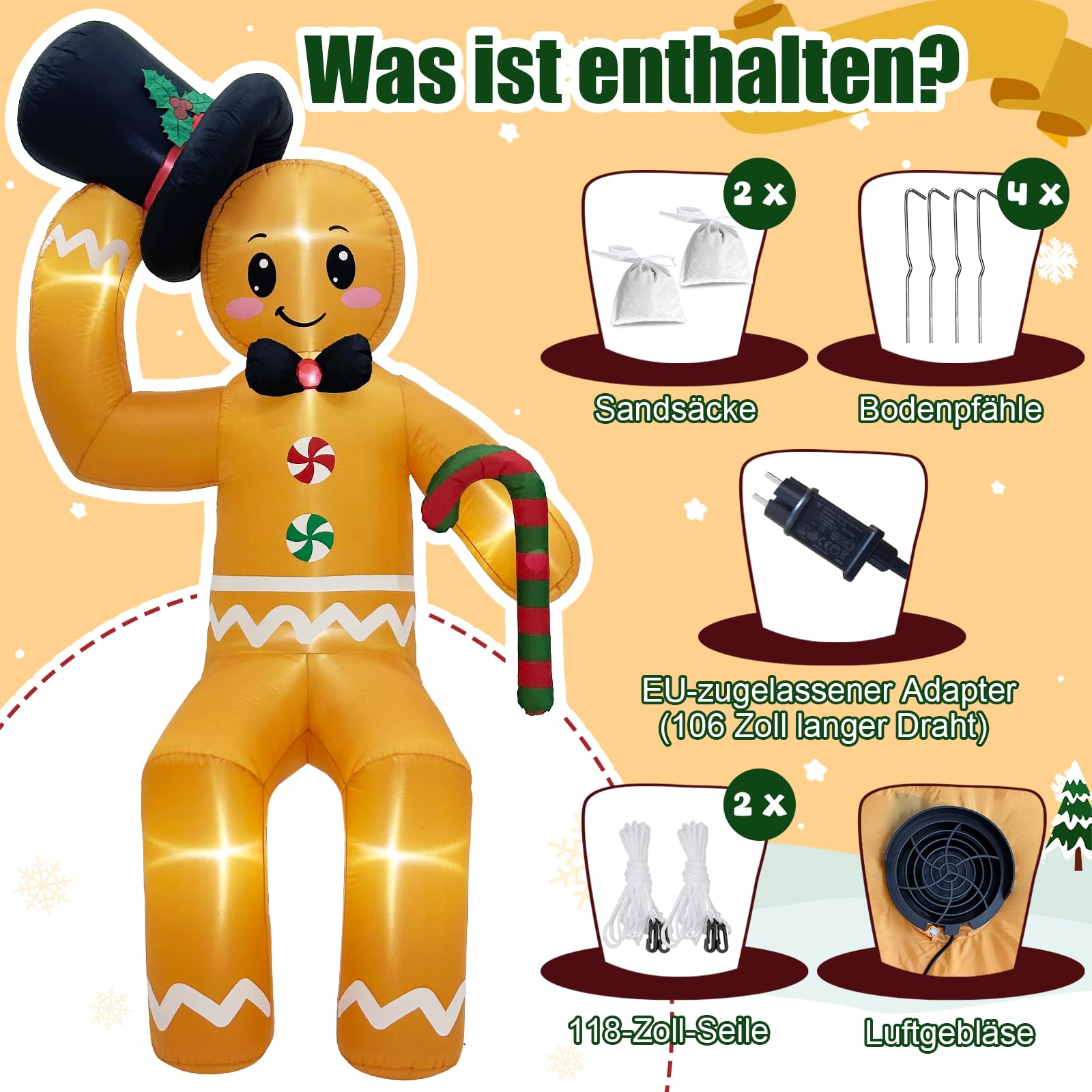 300 cm Aufblasbare Weihnachtsdeko Aussen, Mit Licht Sitzung Lebkuchenmann Aufblasbar Weihnachten Outdoor Schmücken for Dachterrasse mit Innenhof und Rasen, Einkaufszentrum