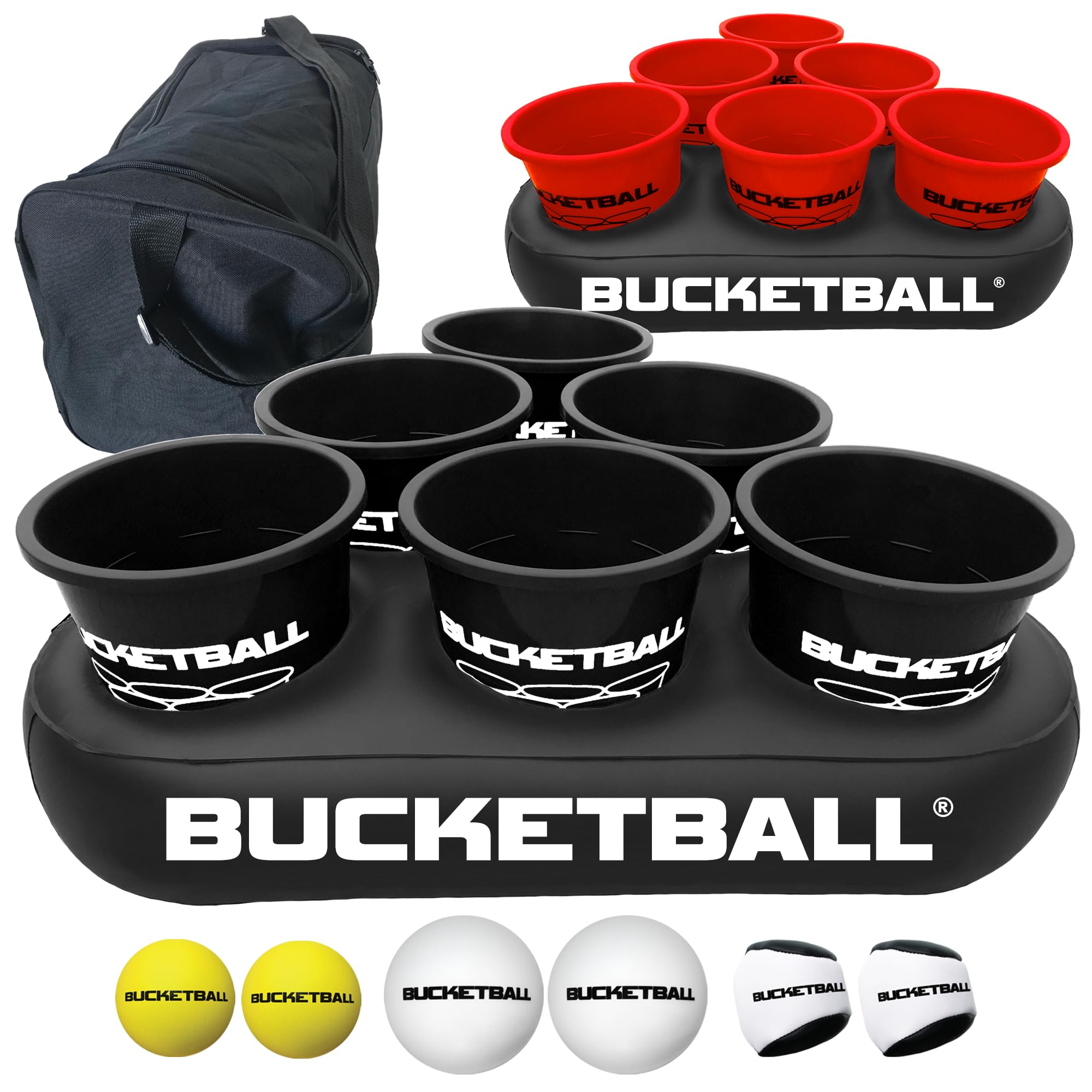 BucketBall | Team Color Edition | Party Pack (Black/Red): Original Yard Pong Game: Best Camping, Beach, Lawn, Outdoor, Family, Adult, Tailgate, Jumbo,