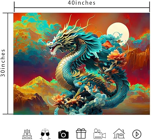 Miniatura 4 de Ine Ive Tapiz de dragón japonés para colgar en la pared, 40 x 30 pulgadas, decoración de pared de anime asiático, luna, nube, montañas brumosas,