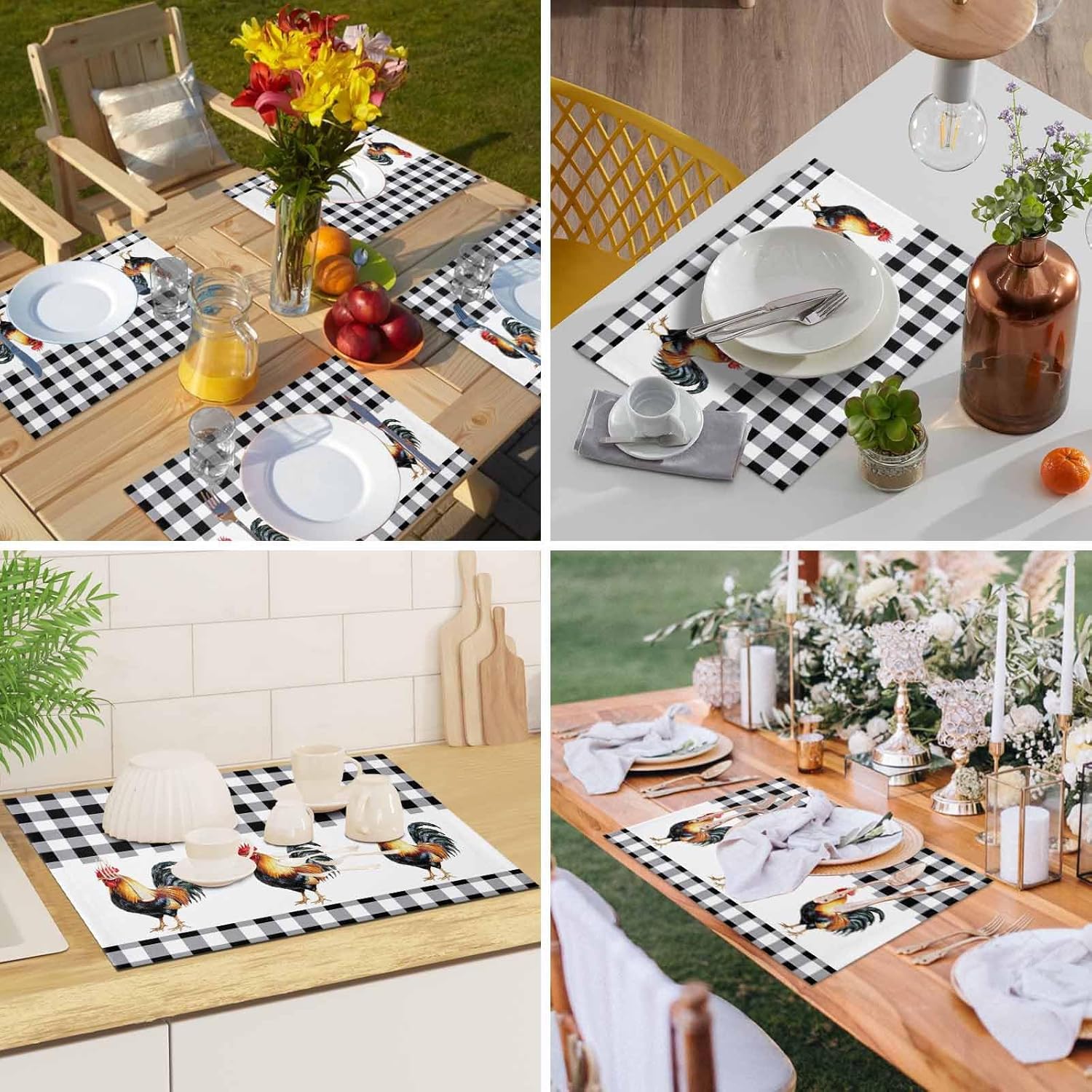 Placemats Set of 6 Non Slip Washable Table Mats Set Rooster Summer Farm Style Black White Buffalo Plaid Table Placemats for Kitchen Dining Table Wedding Holiday Party Decoration