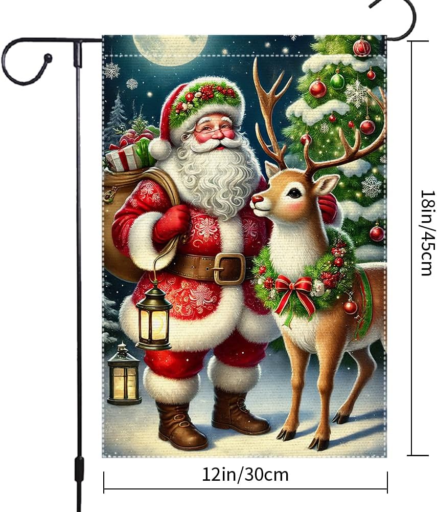 Christmas Santa and Reindeer Garden Flag 12x18 Inch Double Sided Burlap Holiday Yard Banner for Outdoor Lawn Porch Patio Winter Seasonal Decoration Christmas Tree - Image 3